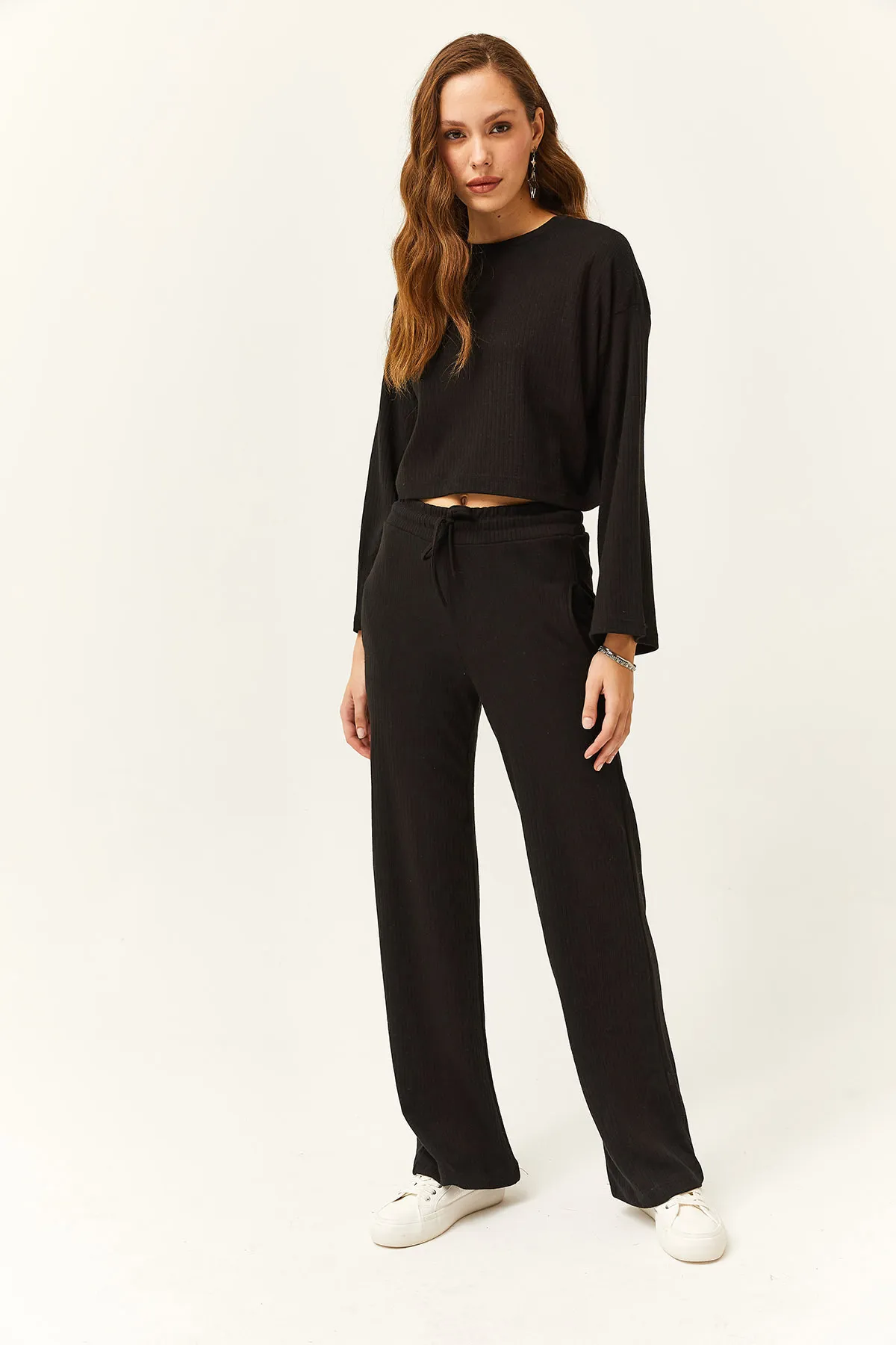 Olalook  Damen Schwarzes Oberteil Lockere Bluse Unterteil Taschenhose Set
