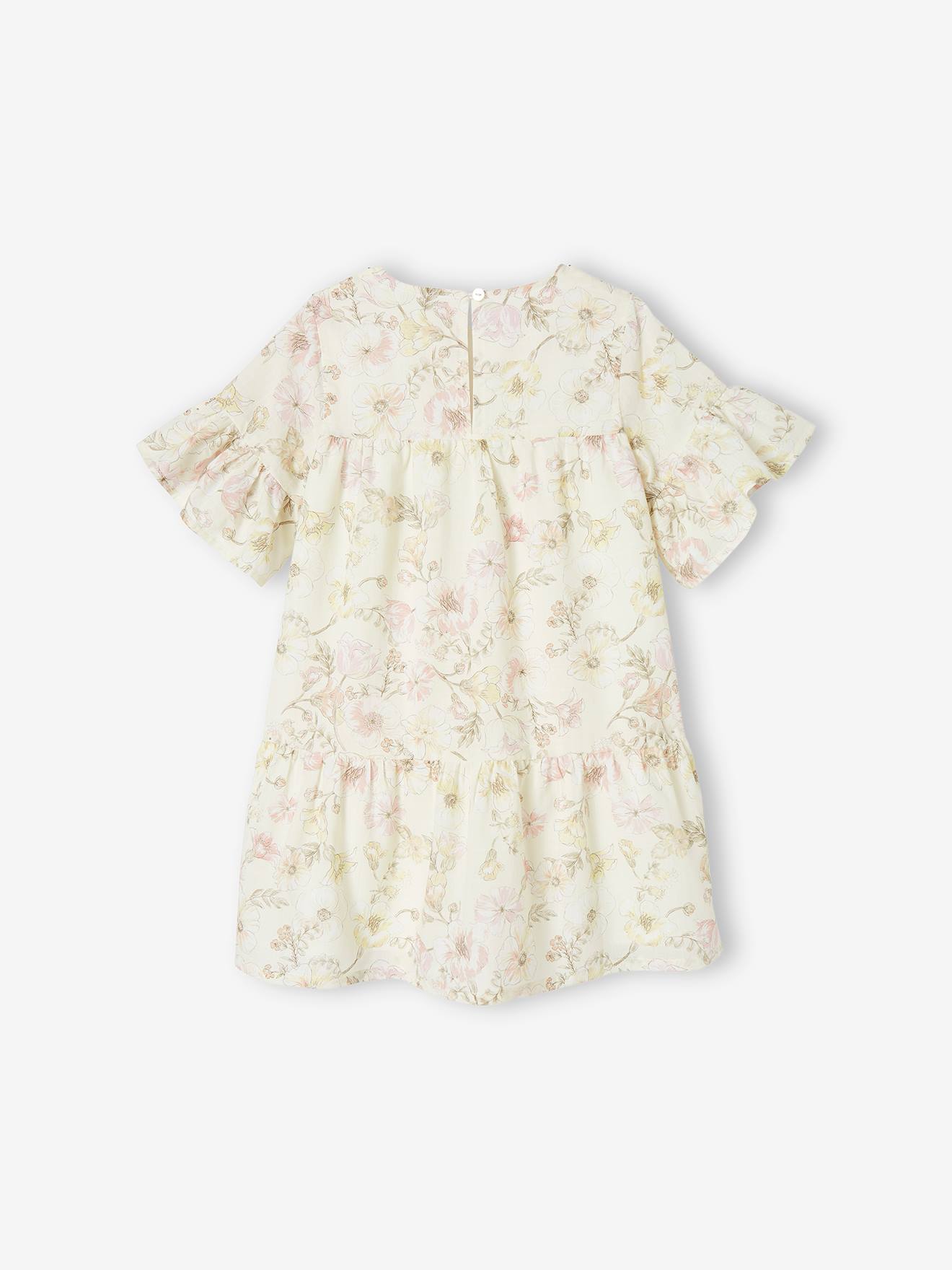 Robe de cérémonie volantée motifs fleurs fille écru