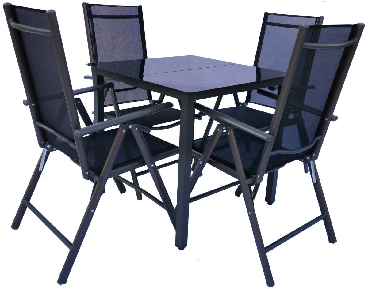 VCM Alu-Gartenset 140 Schwarzglas Tisch   4 Stühle