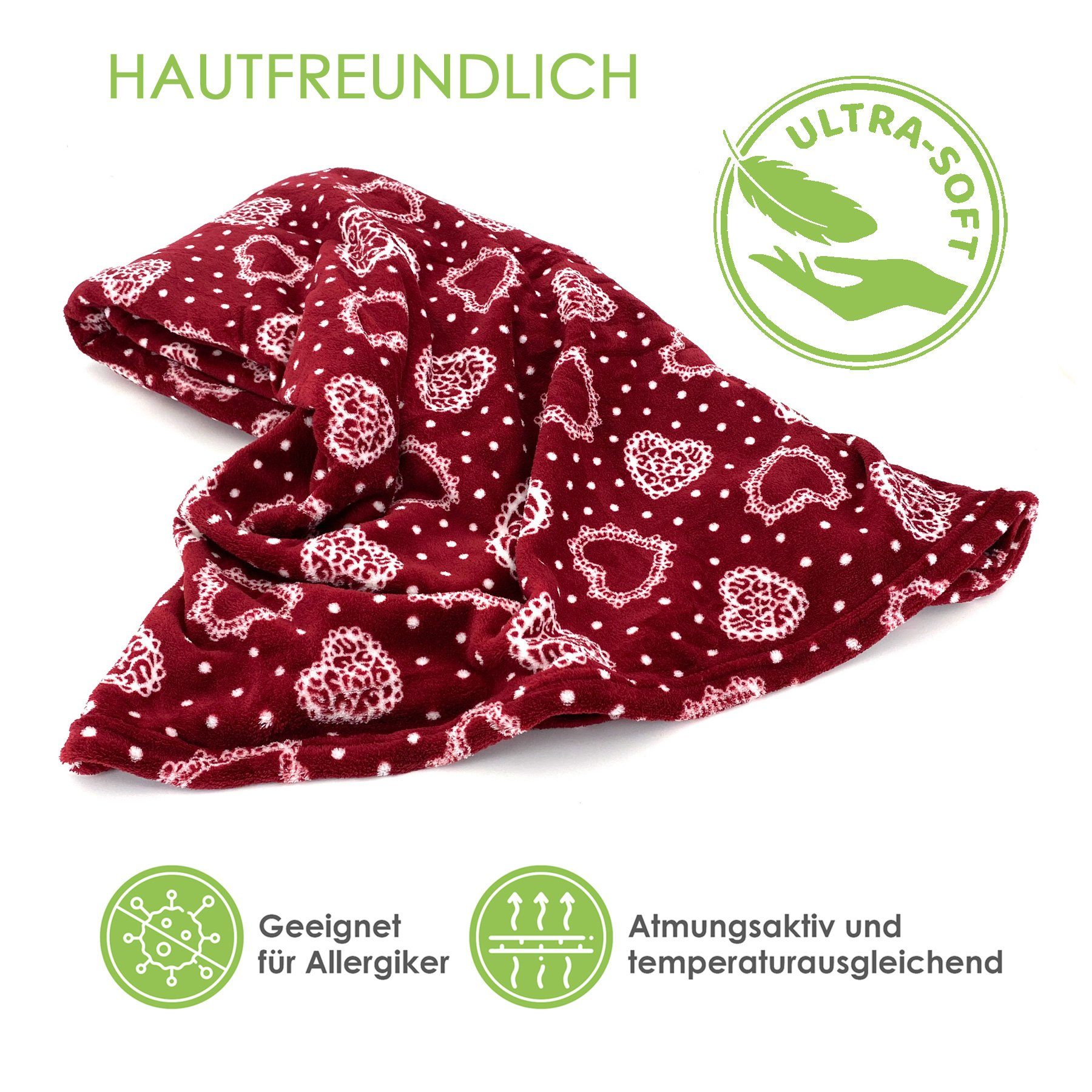 Wohndecke Kuscheldecke Herzen Flanell Sofadecke Landhaus, heimtexland, kuschelig weich und warm I XL 150x200 I Schadstoffgeprüft