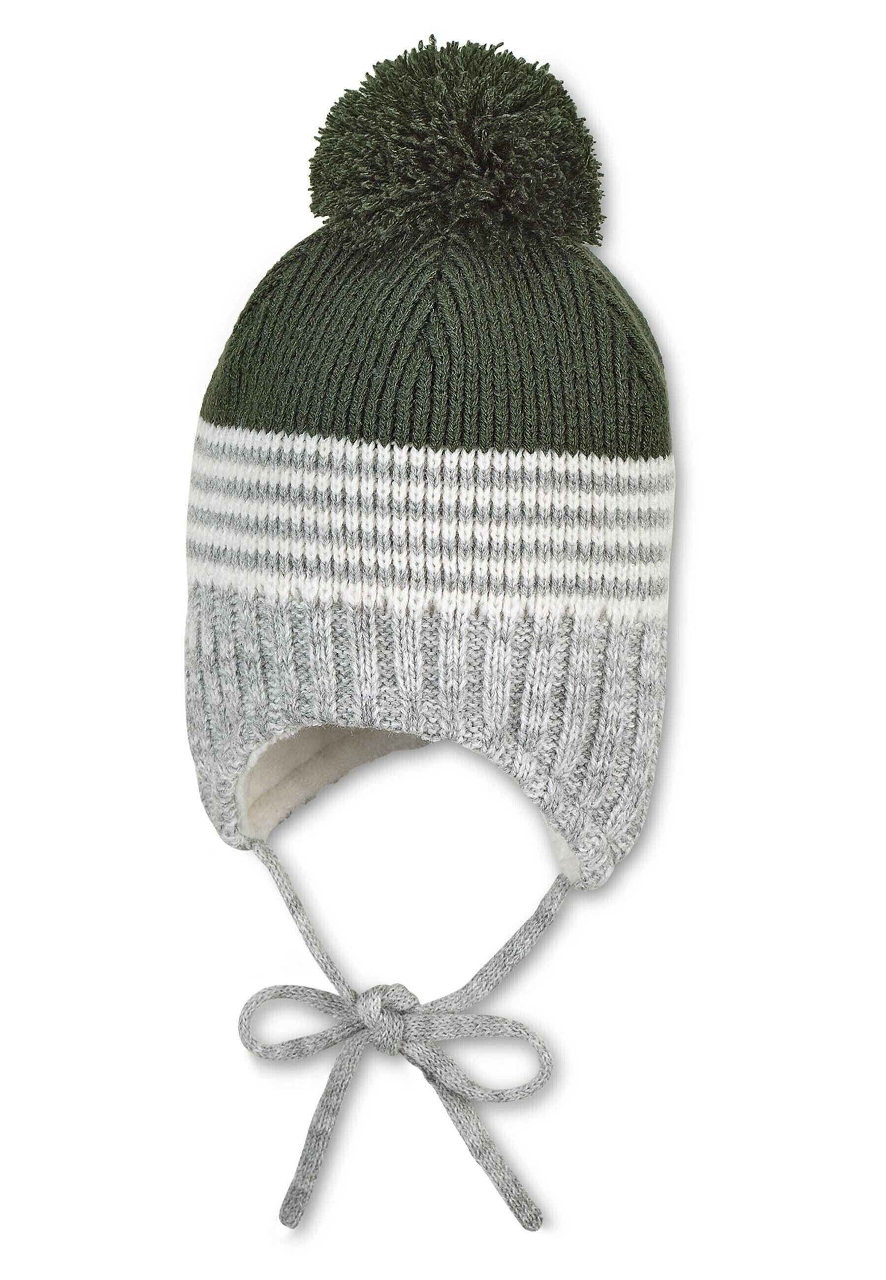 Strickmütze im Mustermix mit Bommel und Bindeband