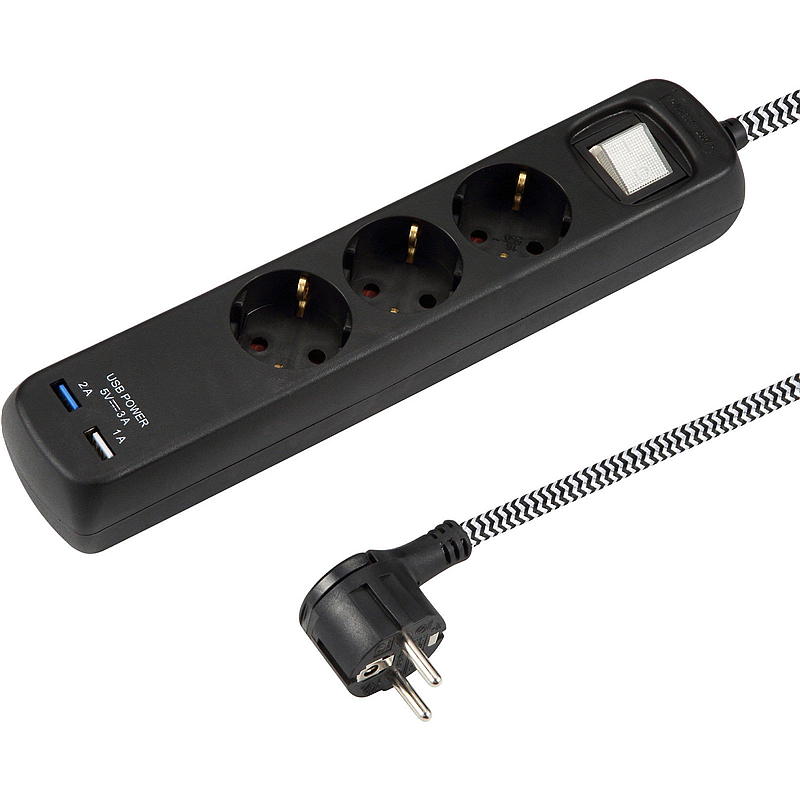 Smartline Forgrener 3-veis 2xUSB bryter 1,5 m tekstil