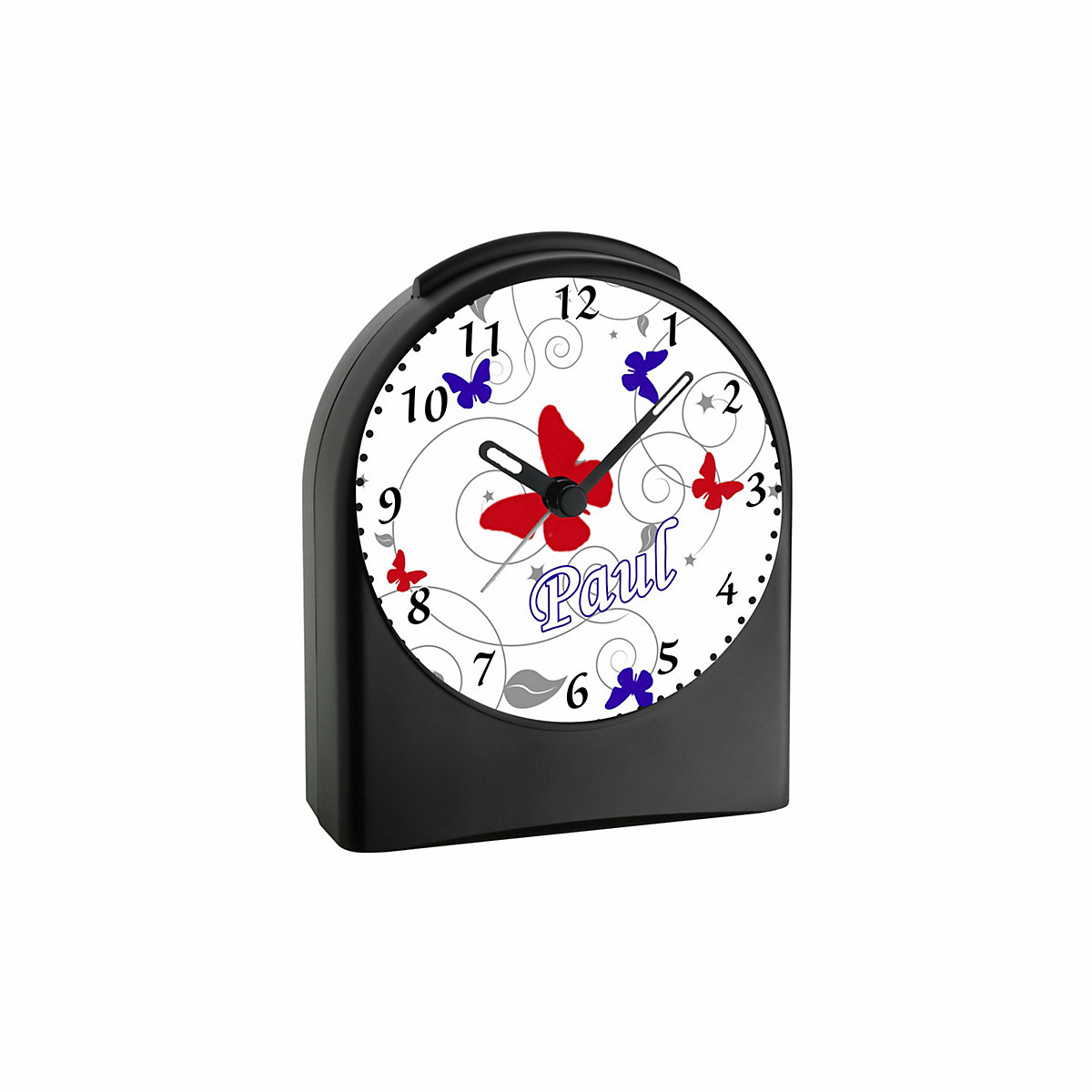 Kinder Funkwecker personalisiert mit Namen Schmetterling Ornamente Atom-/Funkuhr, 12-Stunden-Anzeigeformat, Schlummerfunktion, Nachtlicht, Geräuschlos/Ohne Ticken