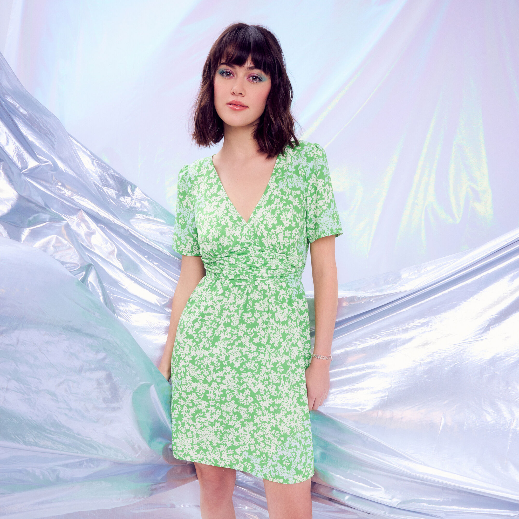 Robe évasée manches courtes vert clair femme | Cache Cache