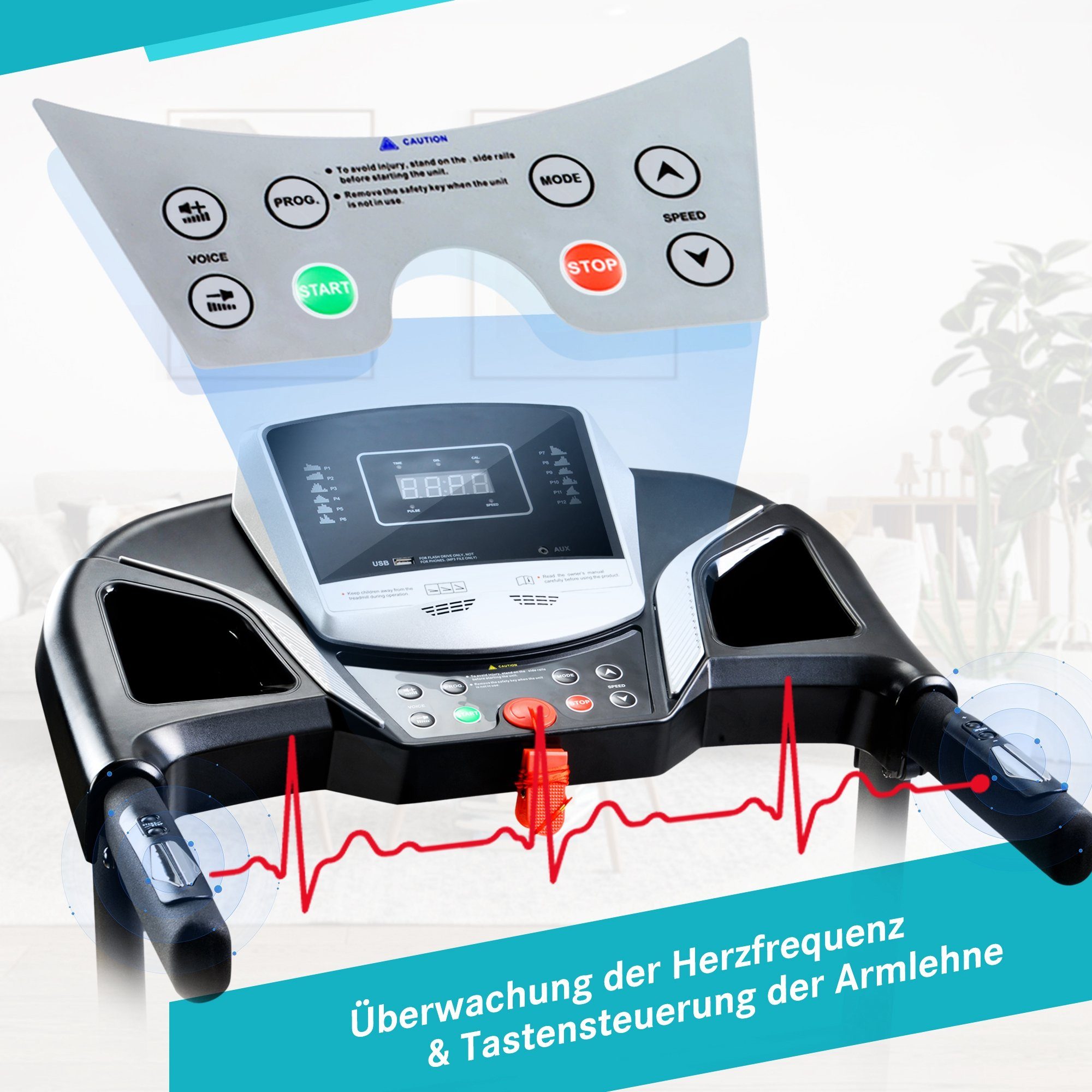 Ulife Laufband Schwarzes klappbares Laufgerät mit Kinomap-App-Programm ULife (Packung), 0,8-12 km/h, LED Bildschirm, USB-Anschluss, AUS-Anschlus