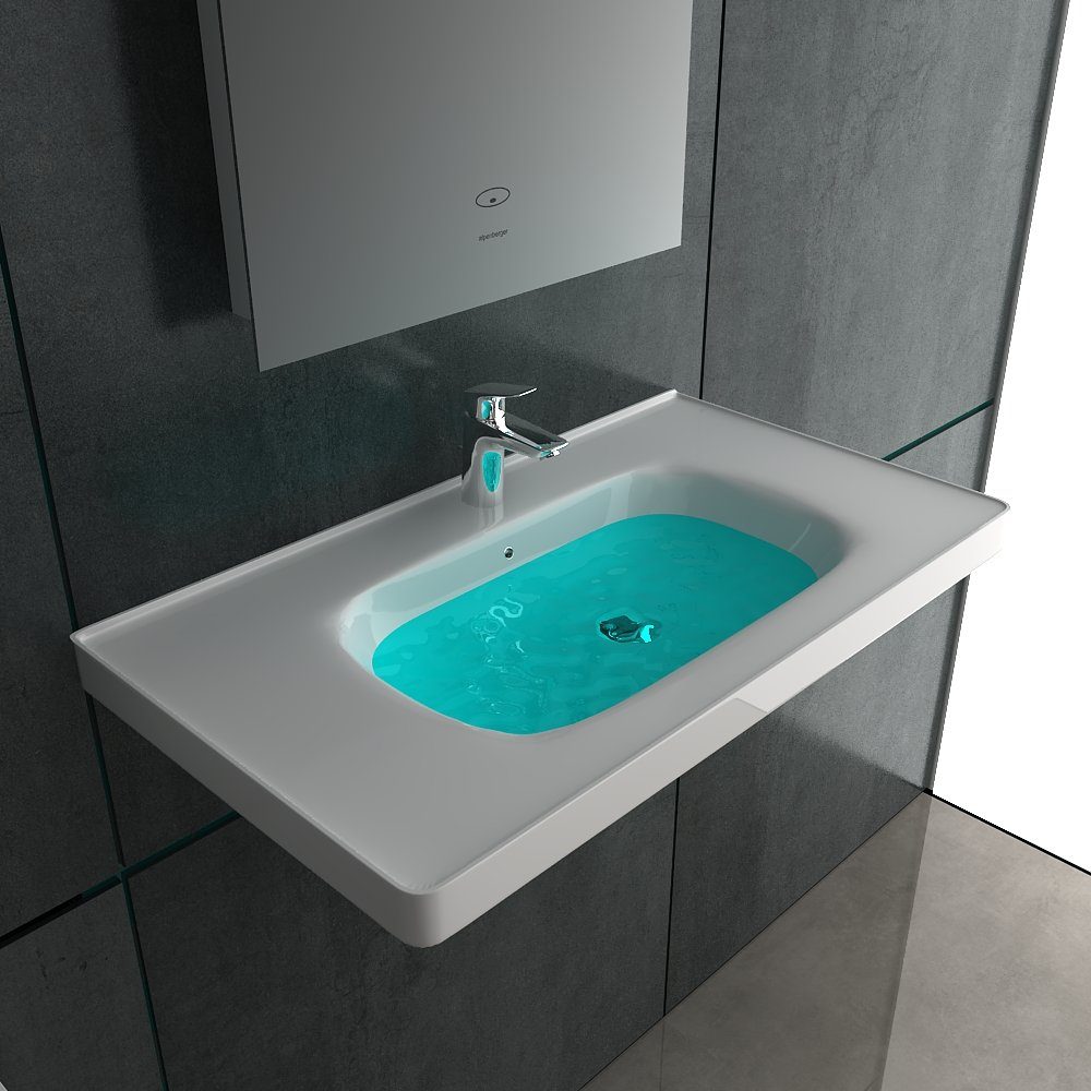 Alpenberger Waschbecken Keramik Handwaschbecken - Waschbecken Rechteckig 80 cm Breit (1-tlg., Hängewaschbecken mit Überlauf), mit Nano beschichtet, pflegeleicht, hygienisch