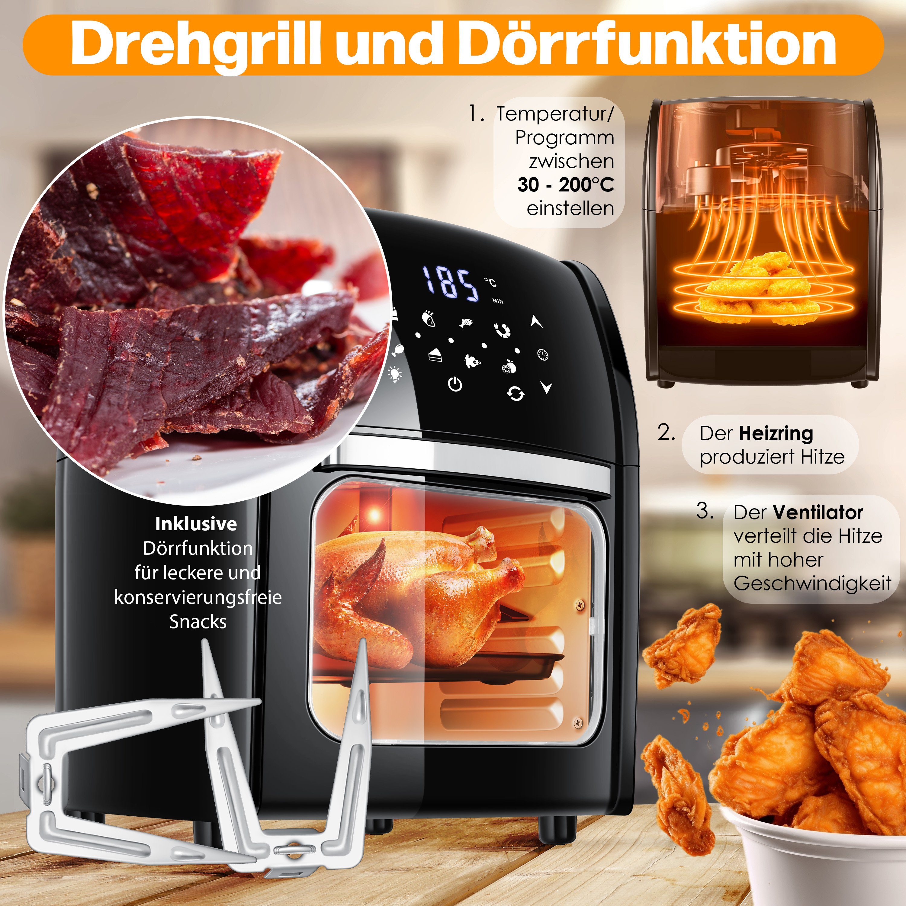 KESSER Heißluftfritteuse, 1800 W, XXL Airfryer 9in1 Heißluftfritteuse Fritteuse Drehgrill