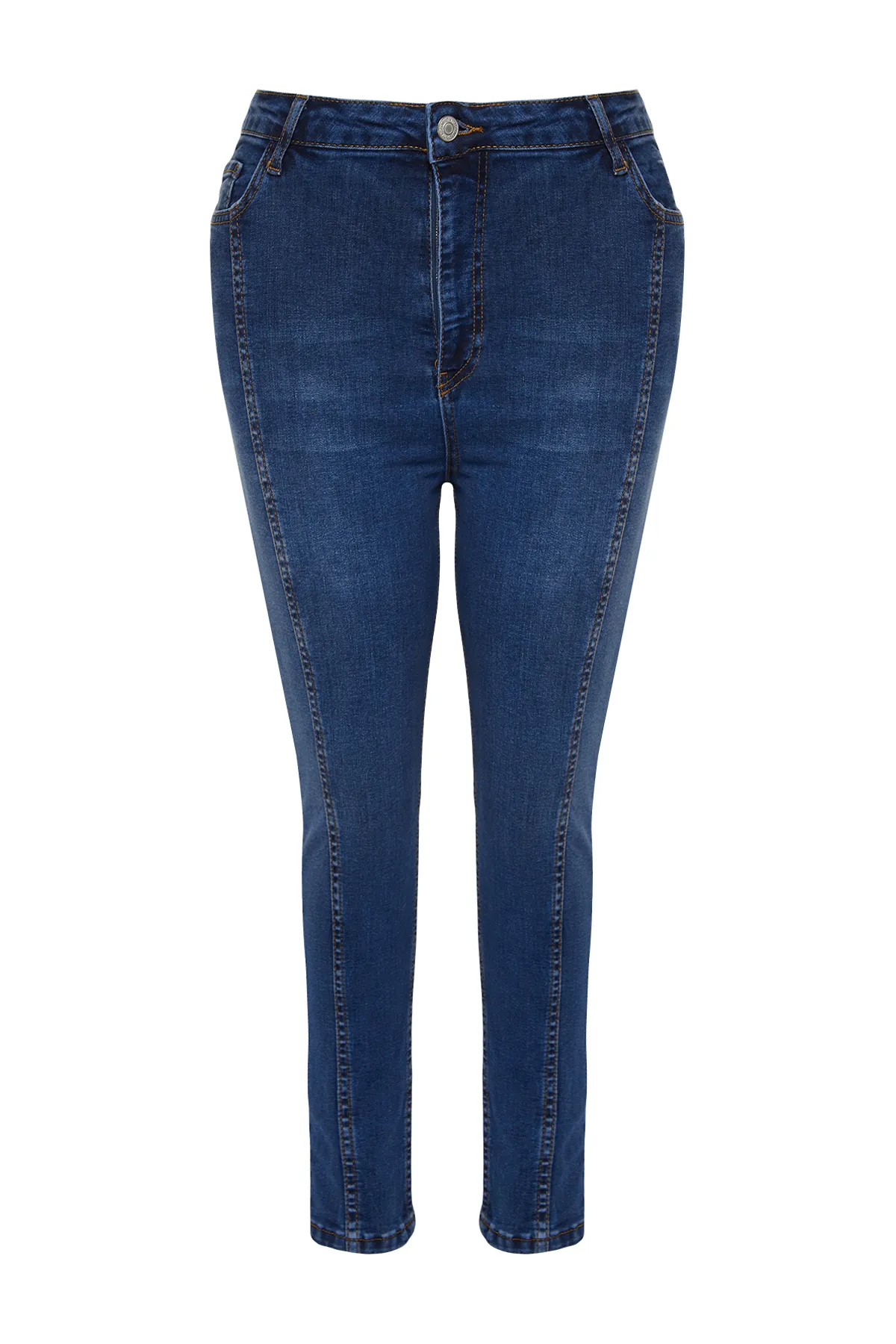 Trendyol Curve  Dunkelblaue, dehnbare Skinny-Jeans mit Nähten und detaillierten Details TBBSS24CJ00022