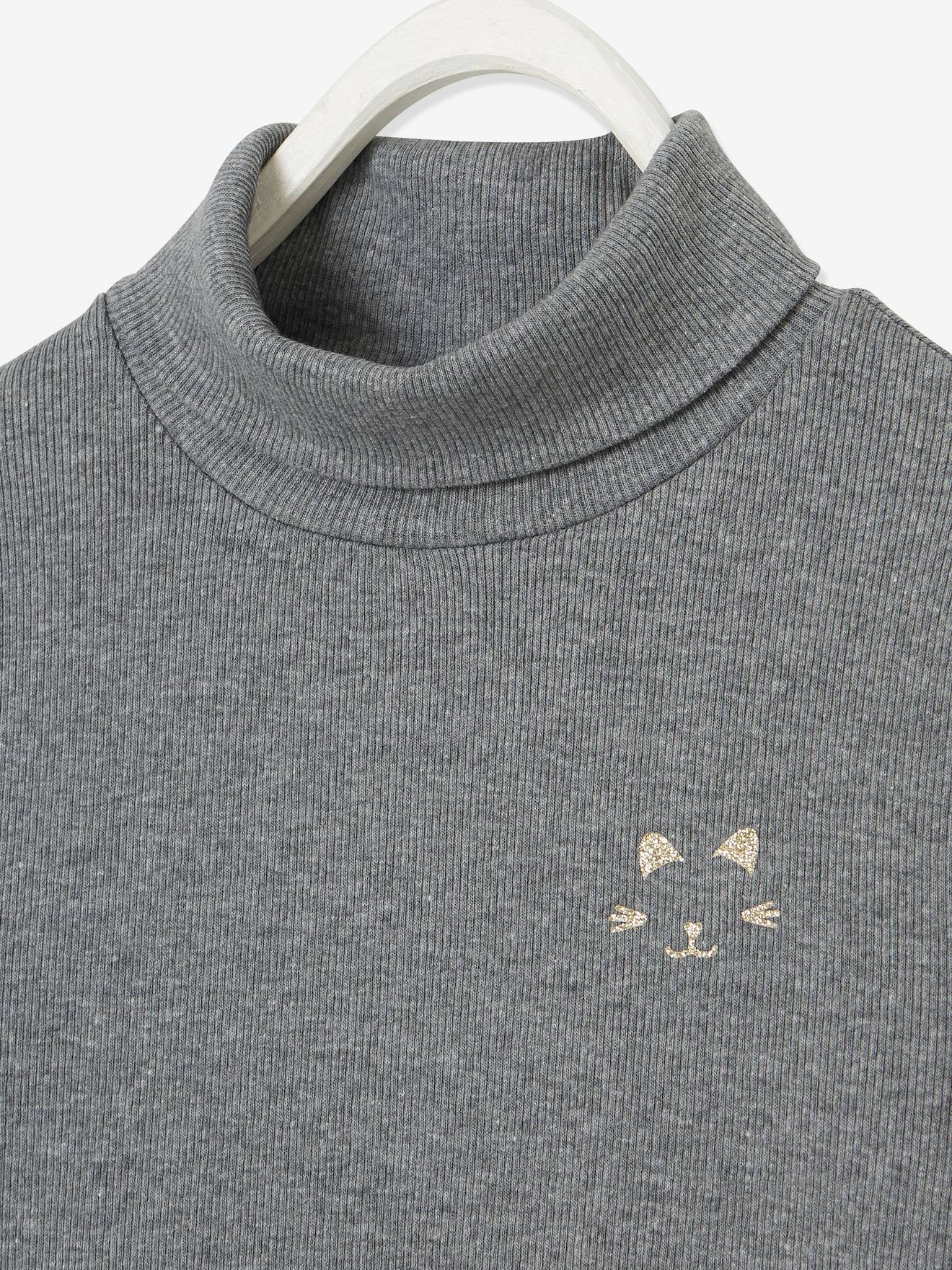 T-shirt col roulé Basics fille motif chat irisé poitrine gris chiné