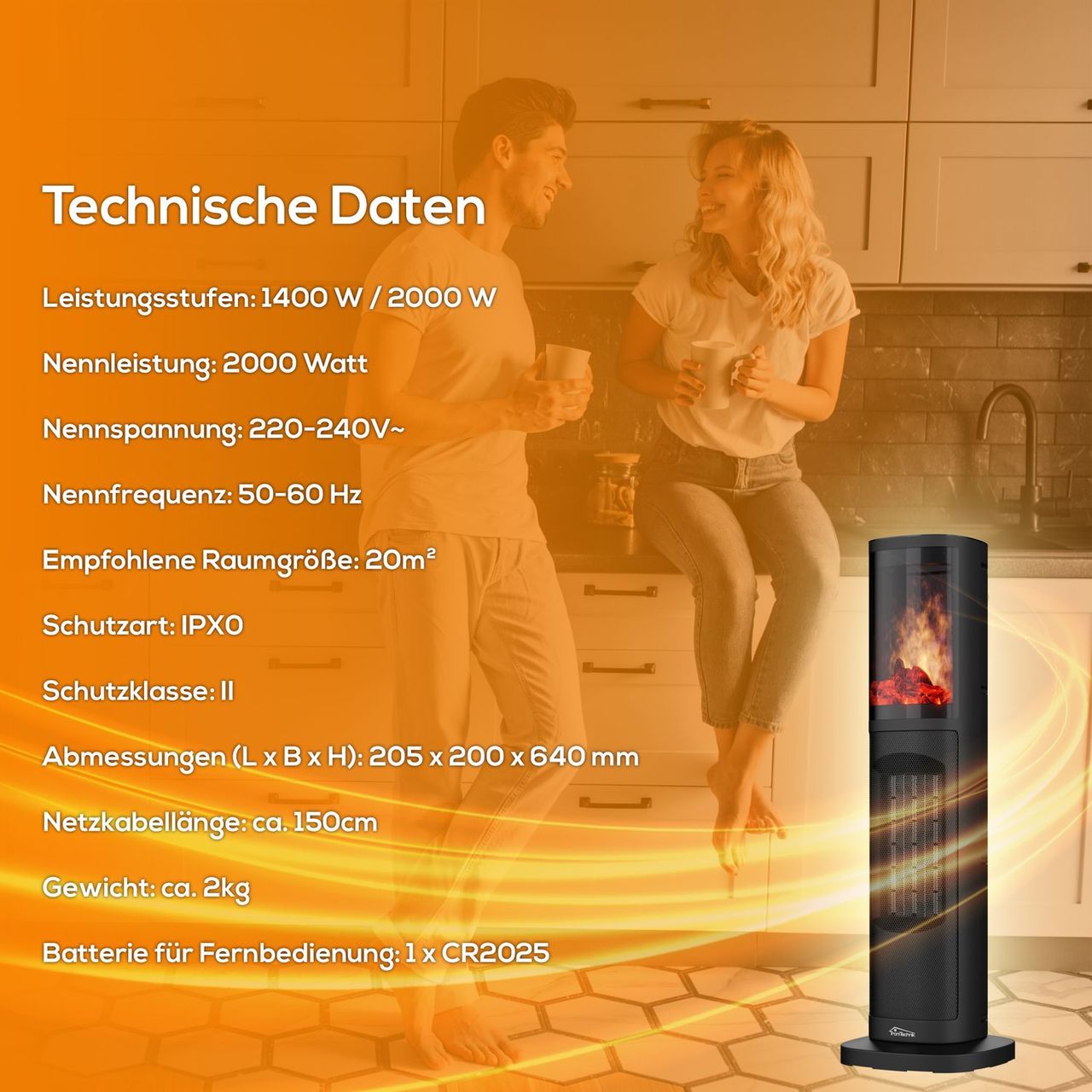TroniTechnik Turmheizer mit Keramikelement,Heizgerät Flammeneffekt,2000 W, PTC Keramik, Schwarz