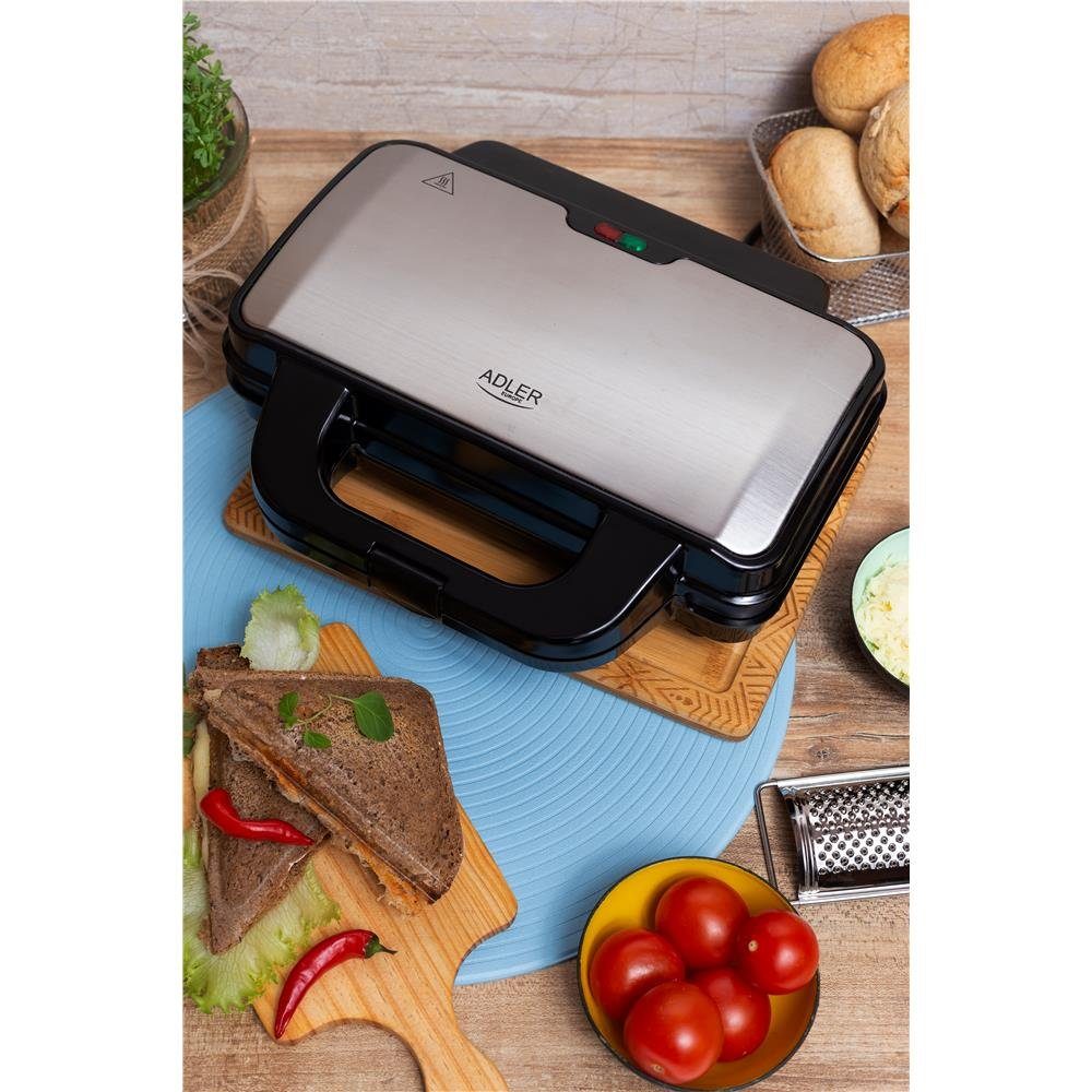 Adler Sandwichmaker AD 3043 Sandwich-Maker, Sandwich-Toaster, XXL Sandwich, Antihaftbeschichtung, schwarz / silber