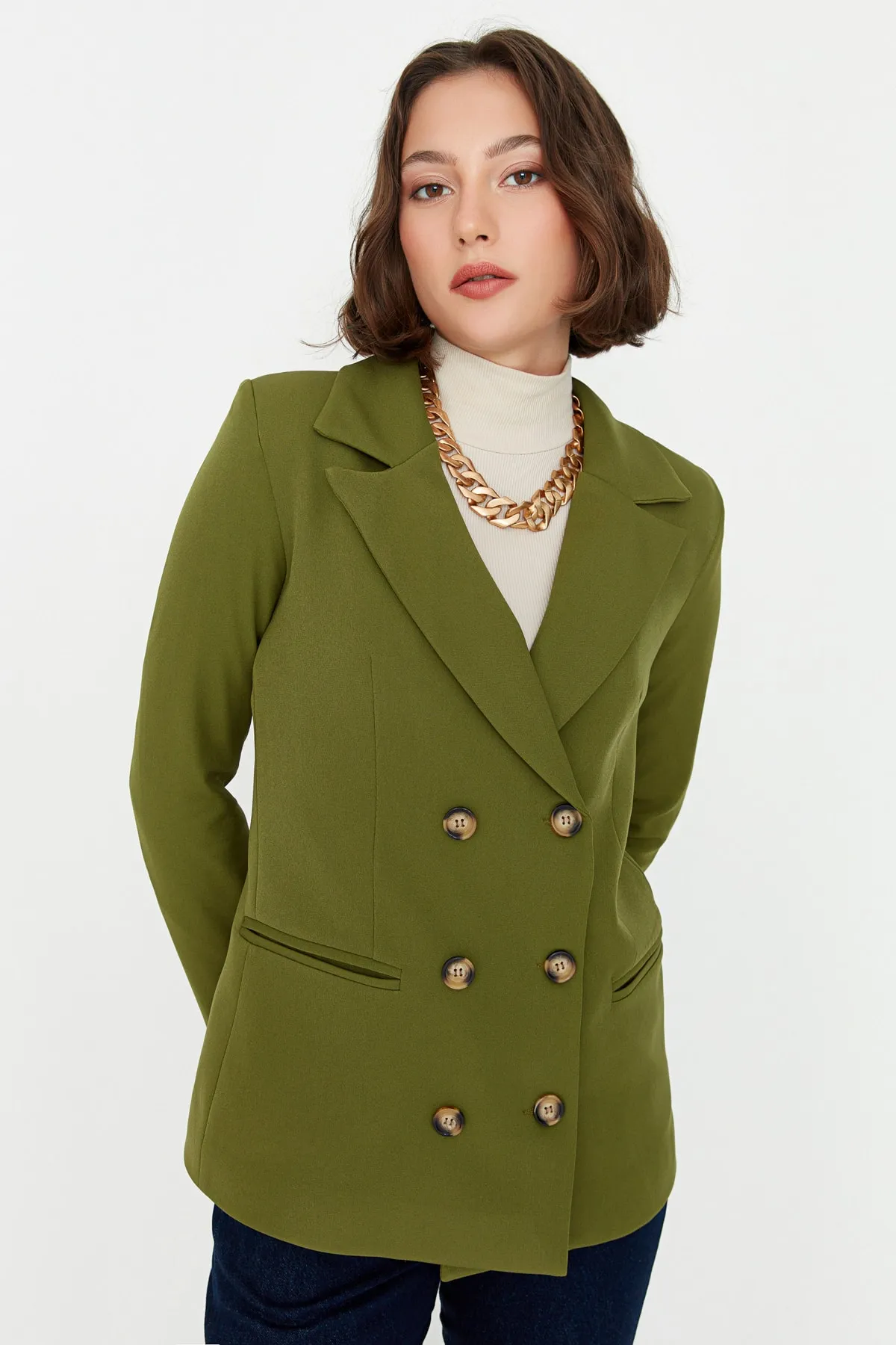 Trendyol Collection  Khakifarbene, gefütterte, zweireihige Blazerjacke aus Webstoff mit Knopfleiste TWOSS21CE0029