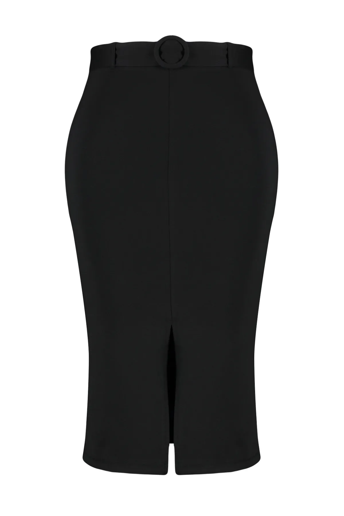 Trendyol Curve  Schwarzer Midi-Strickrock mit Schlitz und detailliertem Gürtel TBBSS24AZ00021