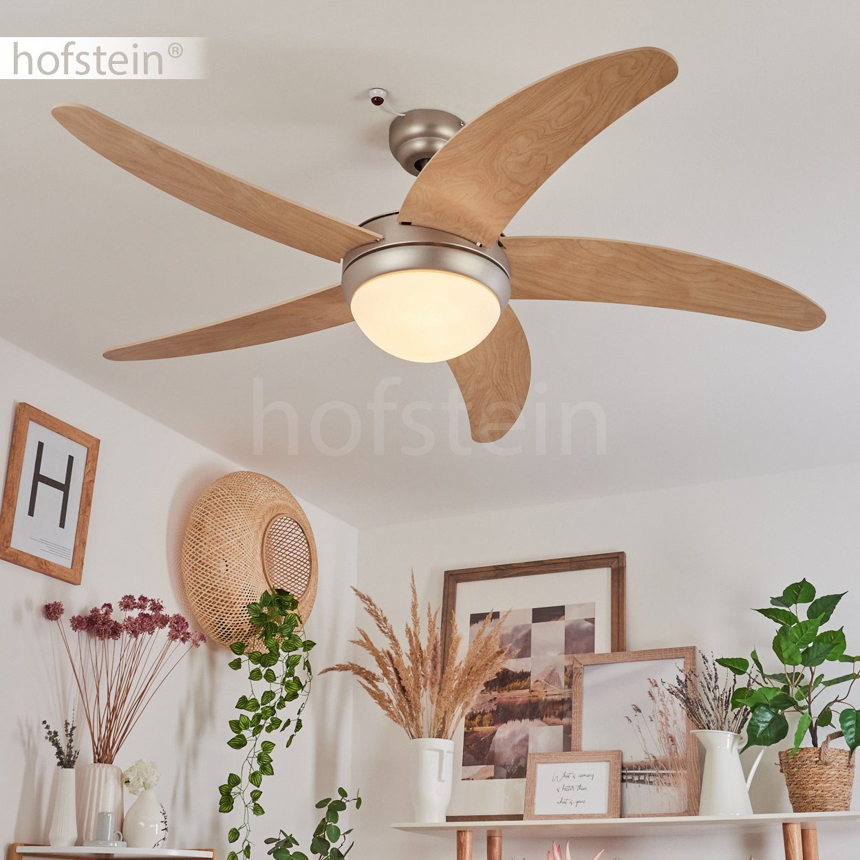 hofstein Deckenventilator Quarto Ventilator aus Metall/Holz/Glas in Nickel-matt/Natur/Weiß