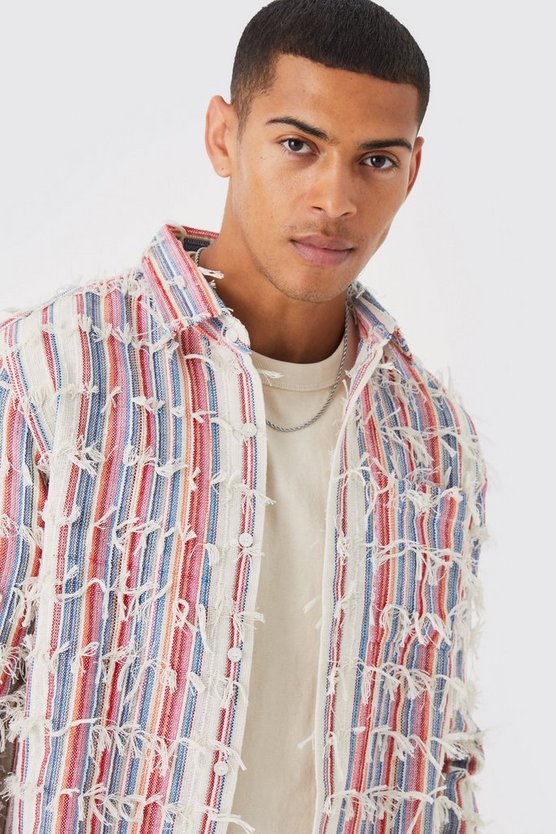 Strukturiertes buntes Overshirt mit Fransen