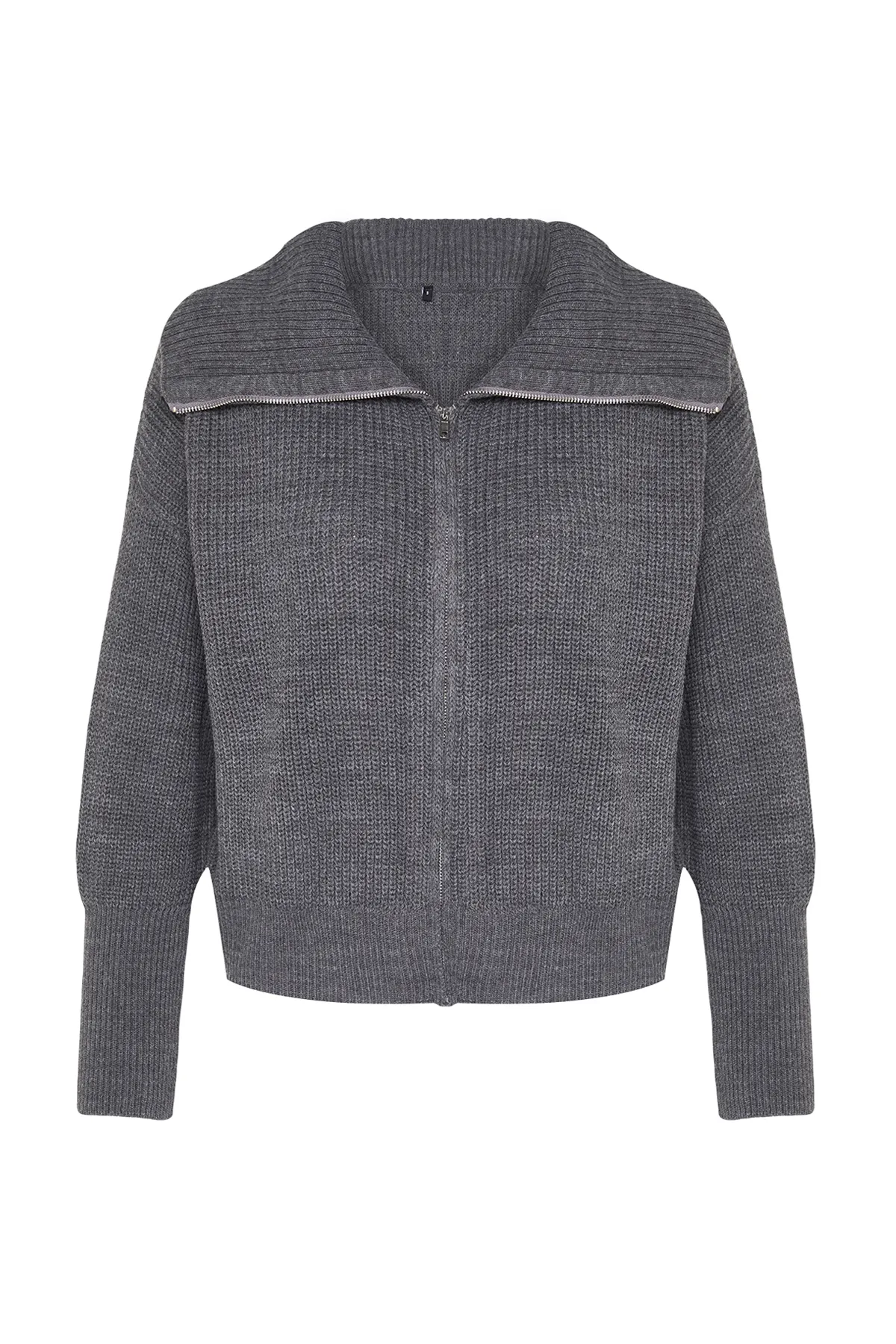 Trendyol Collection  Anthrazitfarbener Strick-Cardigan mit Degaje-Kragen und Reißverschluss TWOAW24HI00072
