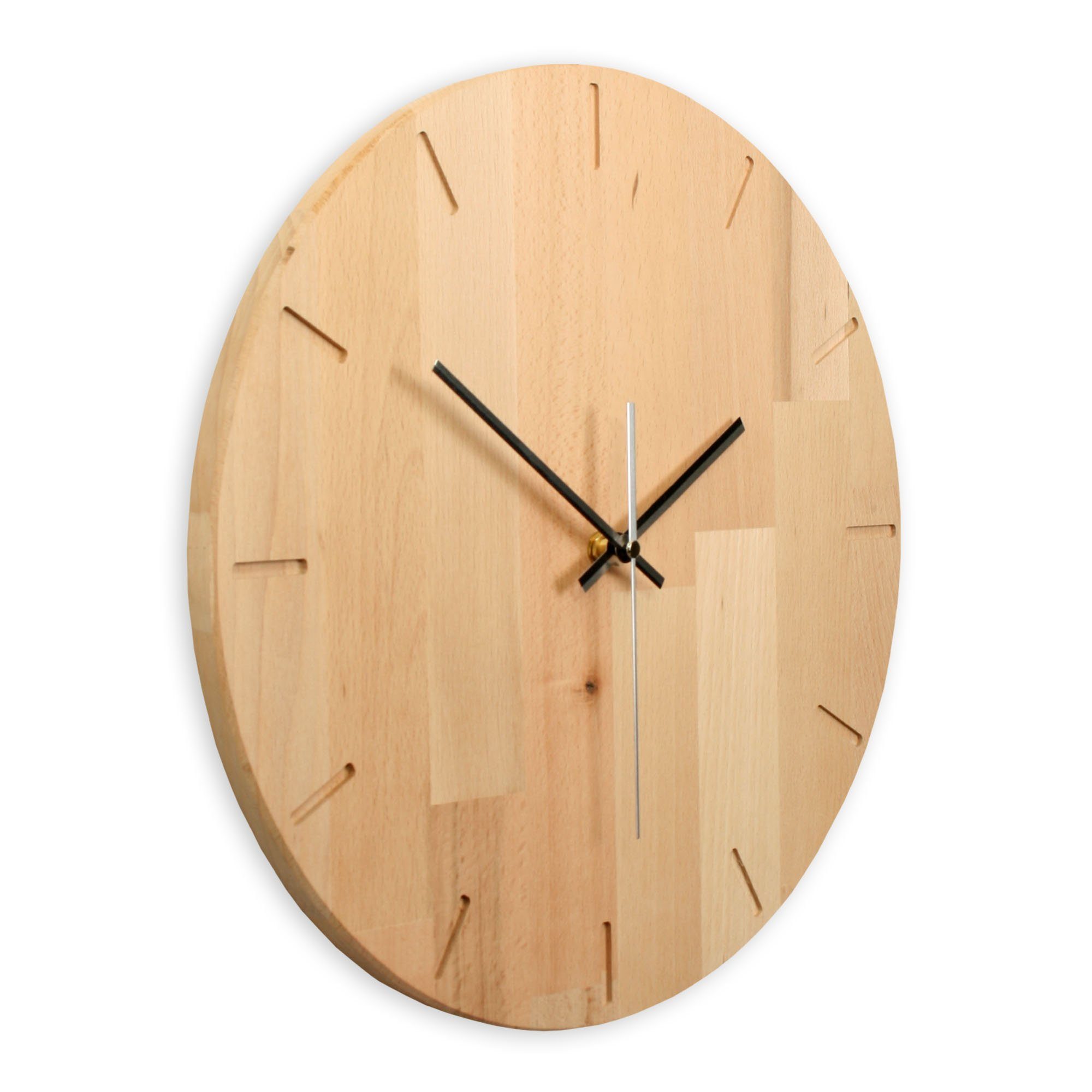 Kreative Feder Wanduhr Designer-Wanduhr aus natürlichem Massivholz (wahlweise Buche, Eiche oder Raucheiche; leises Funk- oder Quarzuhrwerk)