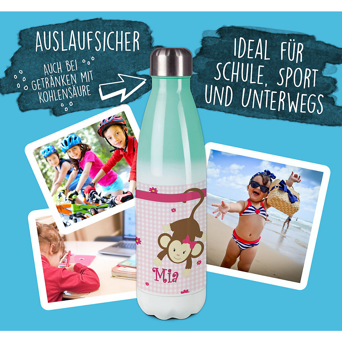 Edelstahl Kinder Thermoflasche / Trinkflasche bunt Affe hängend Farbe rosa Spülmaschinenfest, Auslaufsicher, Bruchfest, Doppelwandig, Für Heißgetränke geeignet, Mit Deckel, Isoliert