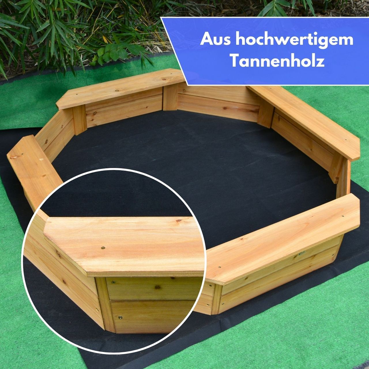 Coemo 6-eckiger Sandkasten Sally Holz inkl. Bodenplane 135x135x20 cm