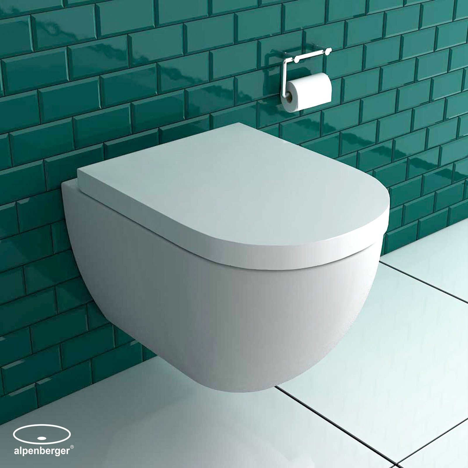 Alpenberger Tiefspül-WC - Toilette mit WC-Sitz Soft-Close - Wand WC Spülrandlos, Wandmontage, Abgang Waagerecht, 2-tlg. Komplett Set, Hänge WC Set mit Nano Beschichtung - Made in EU - Passend zu Geberit