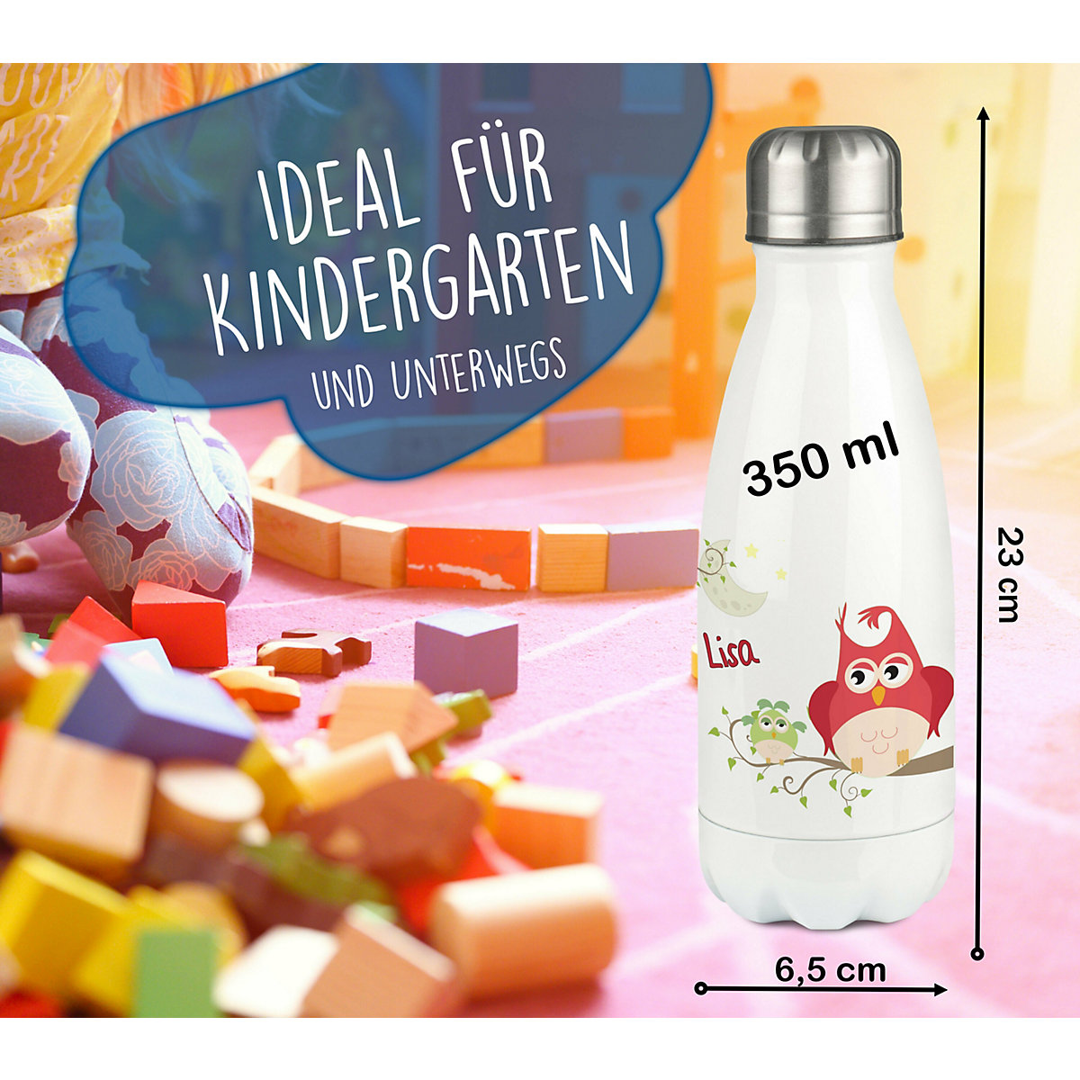 Edelstahl Kinder Thermoflasche / Trinkflasche bunt Eule Mama Spülmaschinenfest, Auslaufsicher, Bruchfest, Doppelwandig, Für Heißgetränke geeignet, Mit Deckel, Isoliert