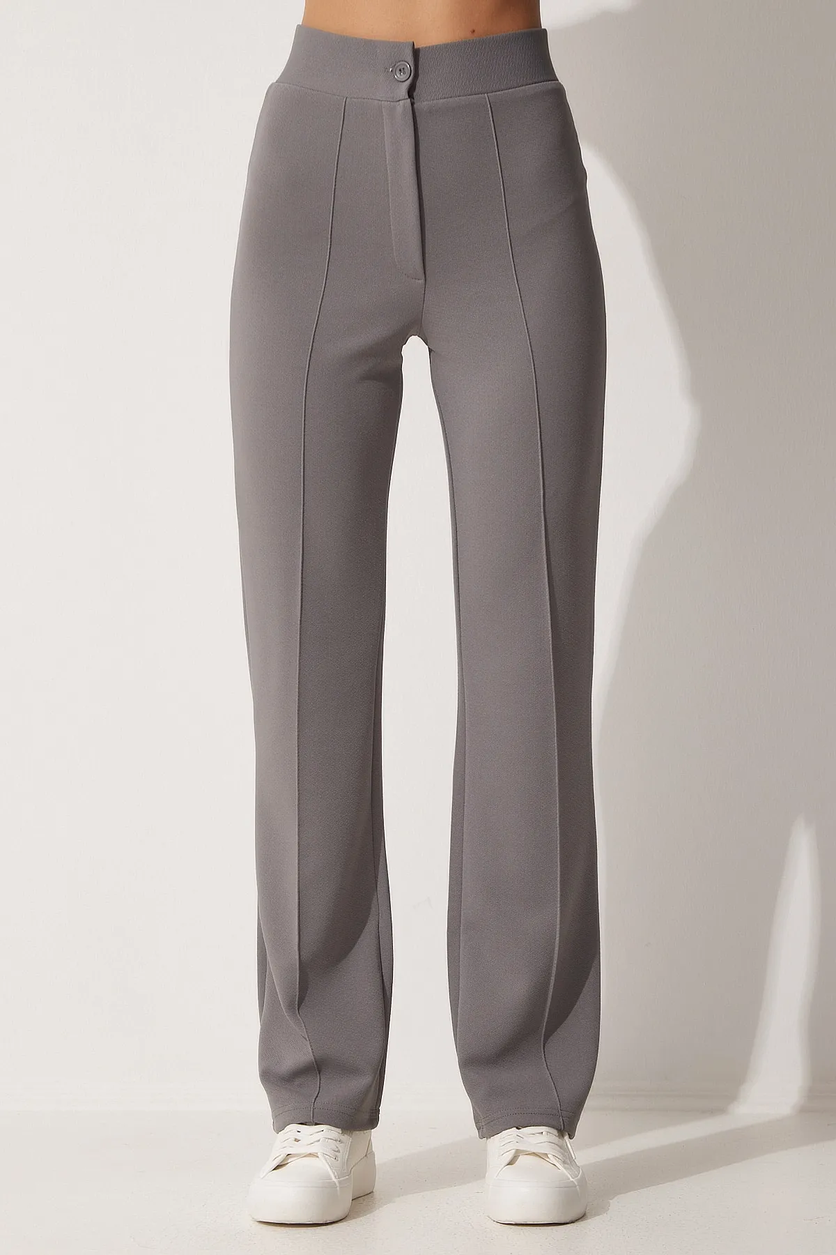 Happiness İstanbul  Graue, bequeme Strickhose aus Lycra mit hohem Bund für Damen RV00090