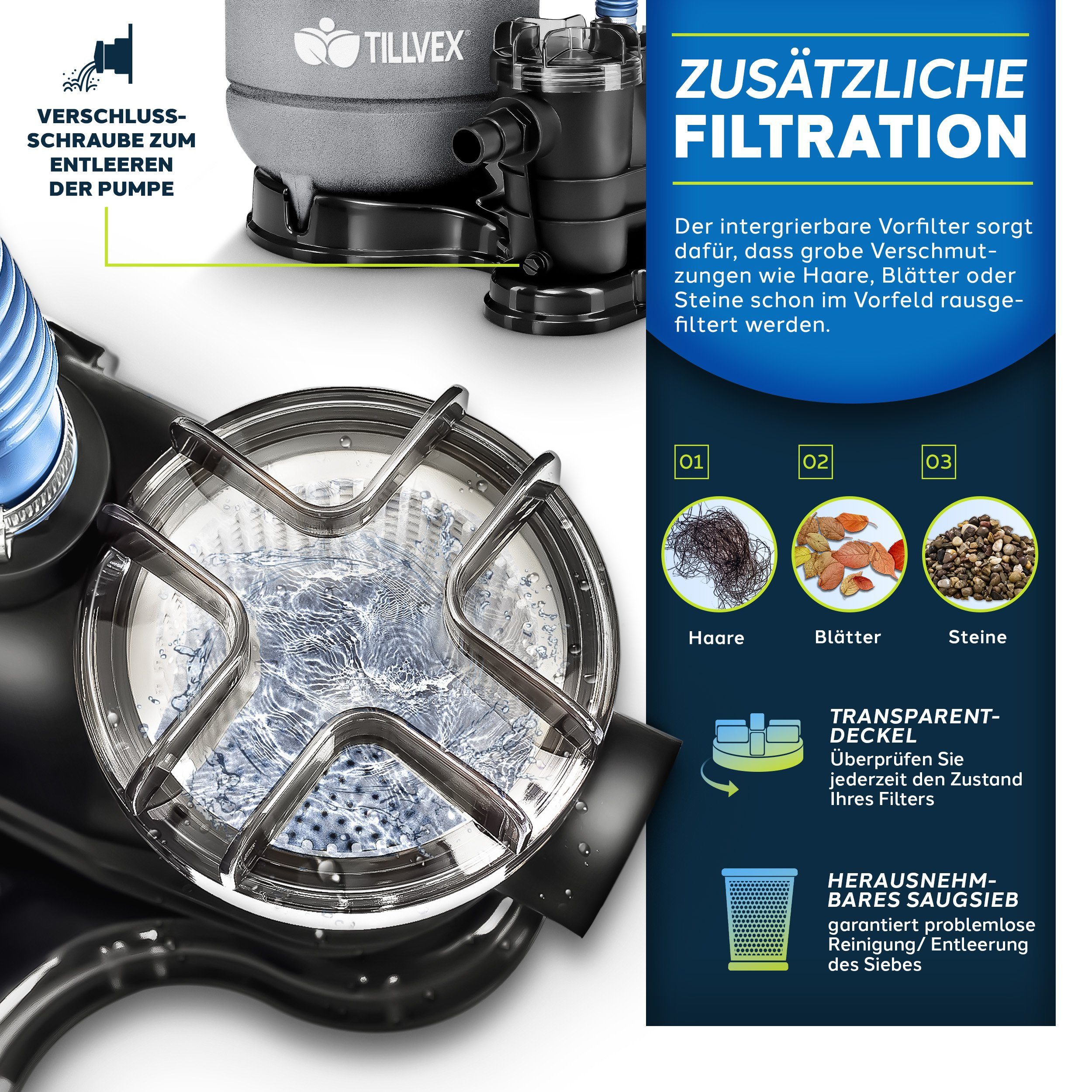 tillvex Sandfilteranlage 10 m³/h Filteranlage 5-Wege Ventil Poolfilter, Filterkessel mit Druckanzeige Sandfilter für Pool und Schwimmbecken