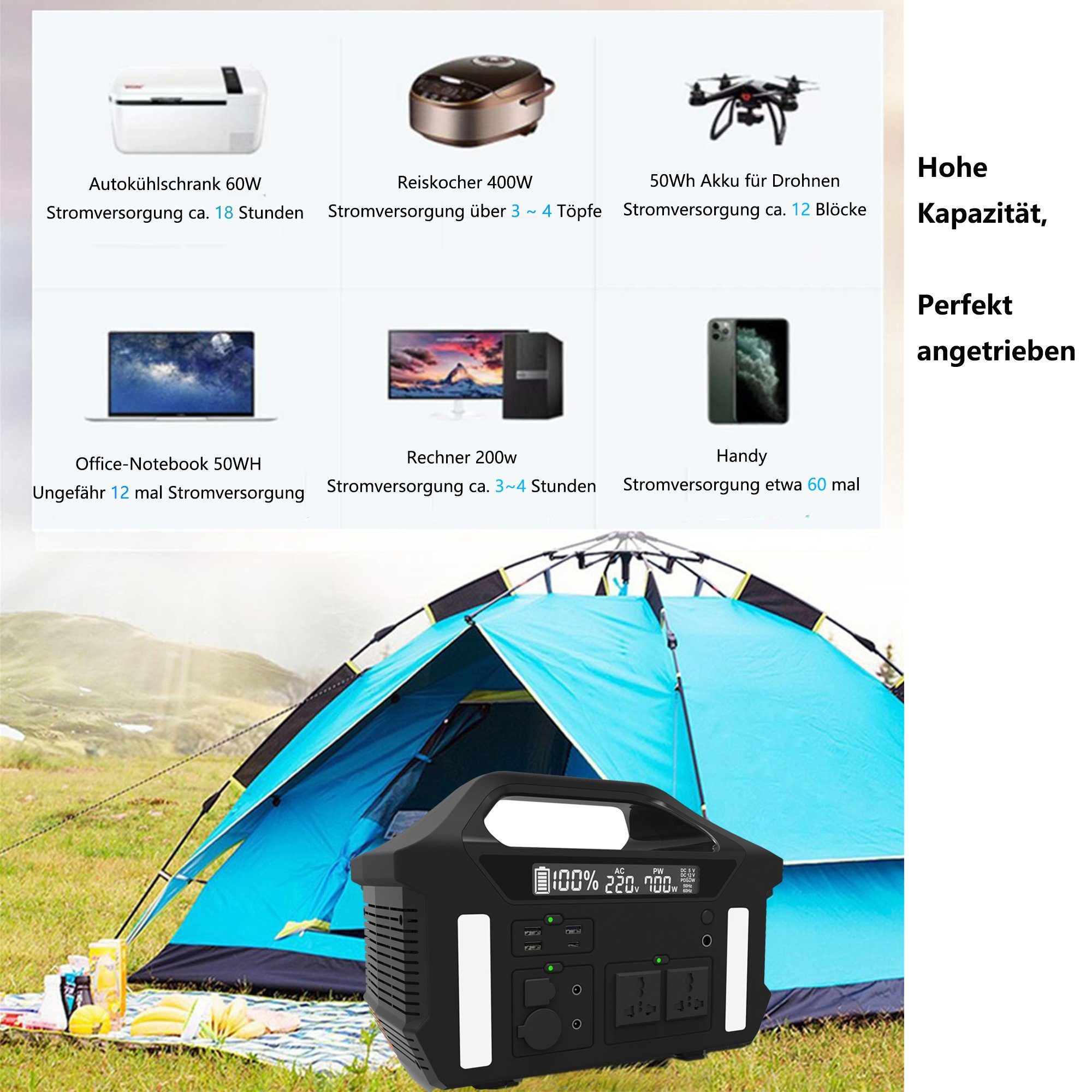 Mutoy Stromerzeuger Tragbare Powerstation 700W, Stromgenerator für Outdoor Notfall, (187200 mAh Stromgenerator mit Lithiumbatterie in Automobilqualität), Stromversorgung für Wohnmobil, Heimwerken und als Notstromaggregat