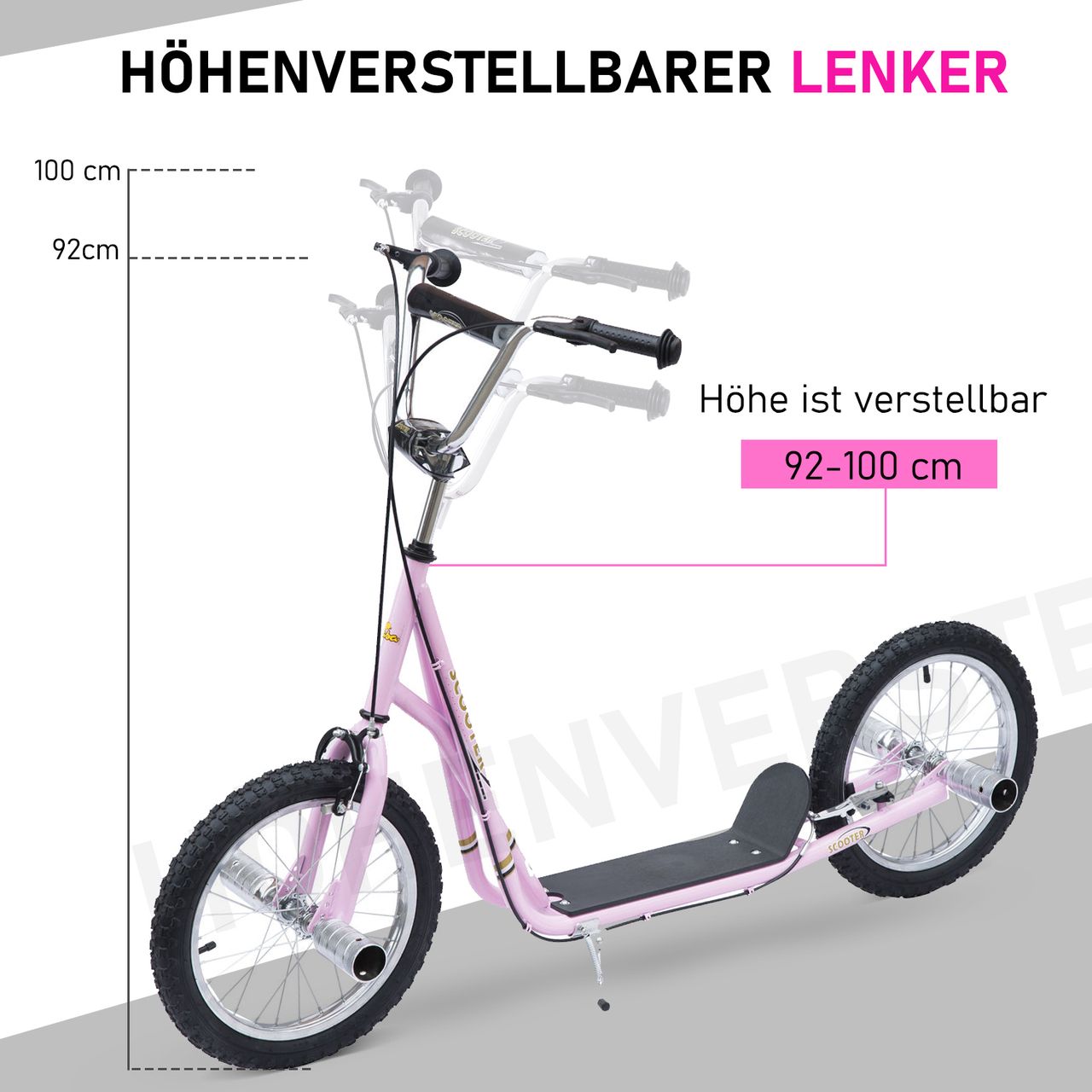 HOMCOM Kinderroller mit Luftreifen Scooter Tretroller Kickboard 16 Zoll Rosa