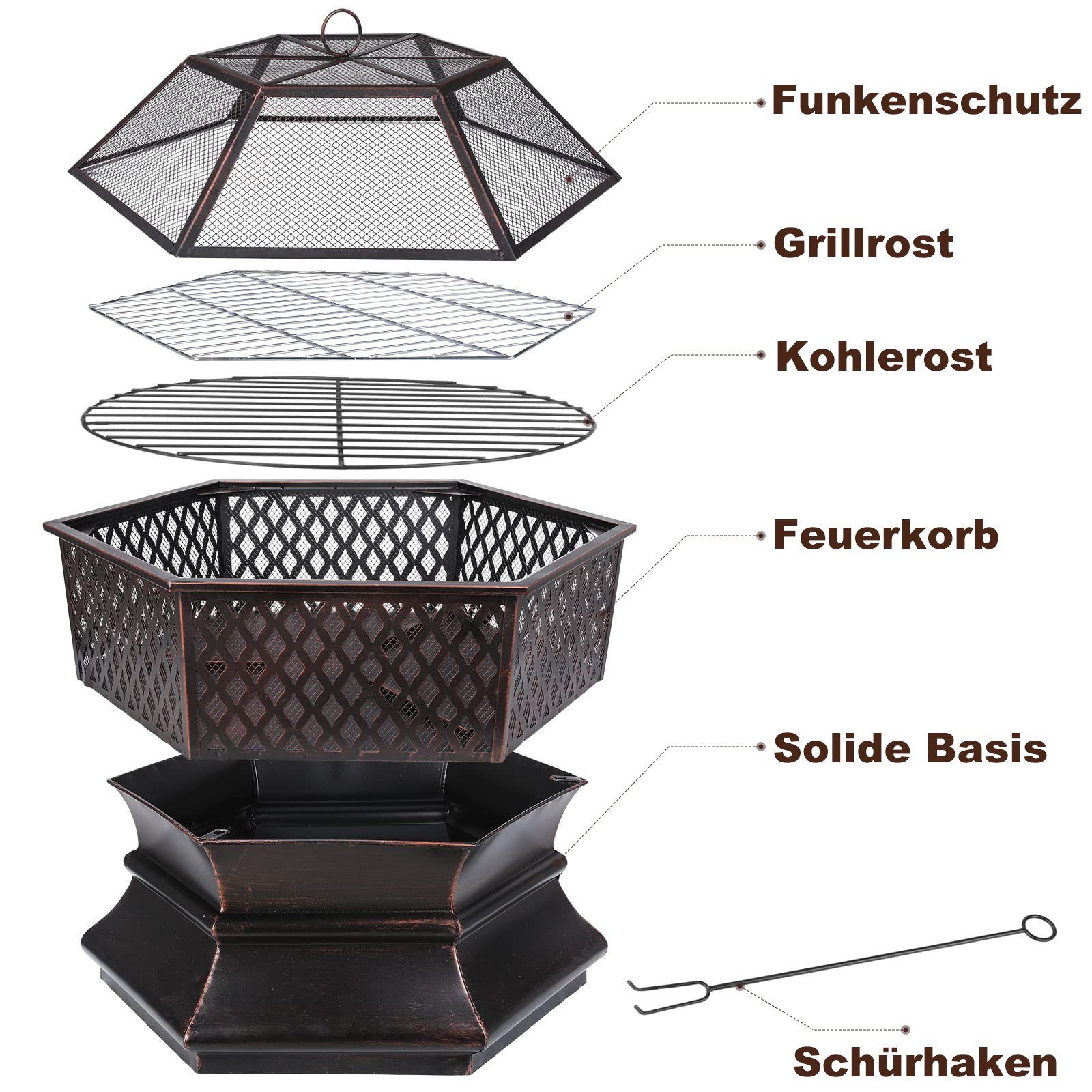 TLGREEN Feuerschale, Sechseckige Feuerstelle mit Grillrost, Feuerschalen für den Garten