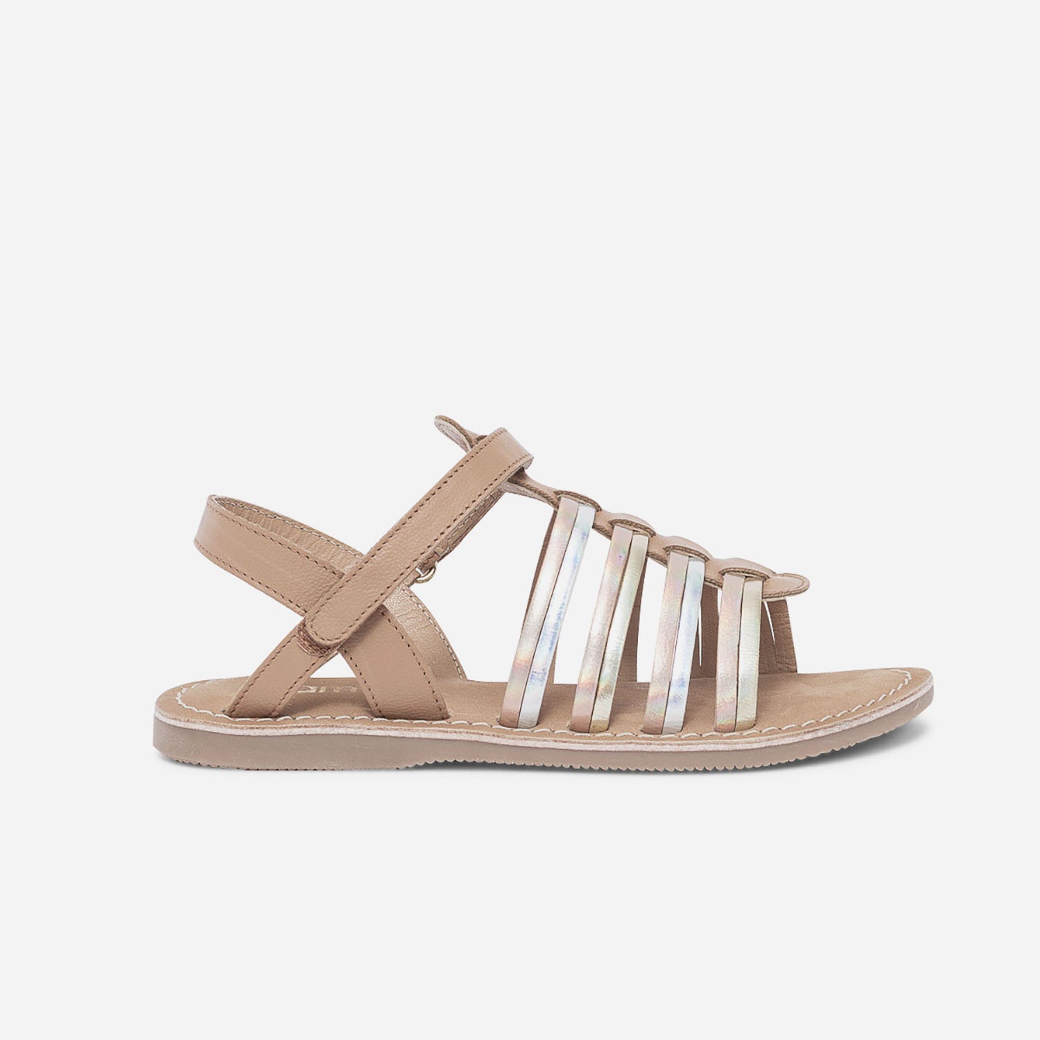Sandale camel en cuir à brides cuivré, argent et or