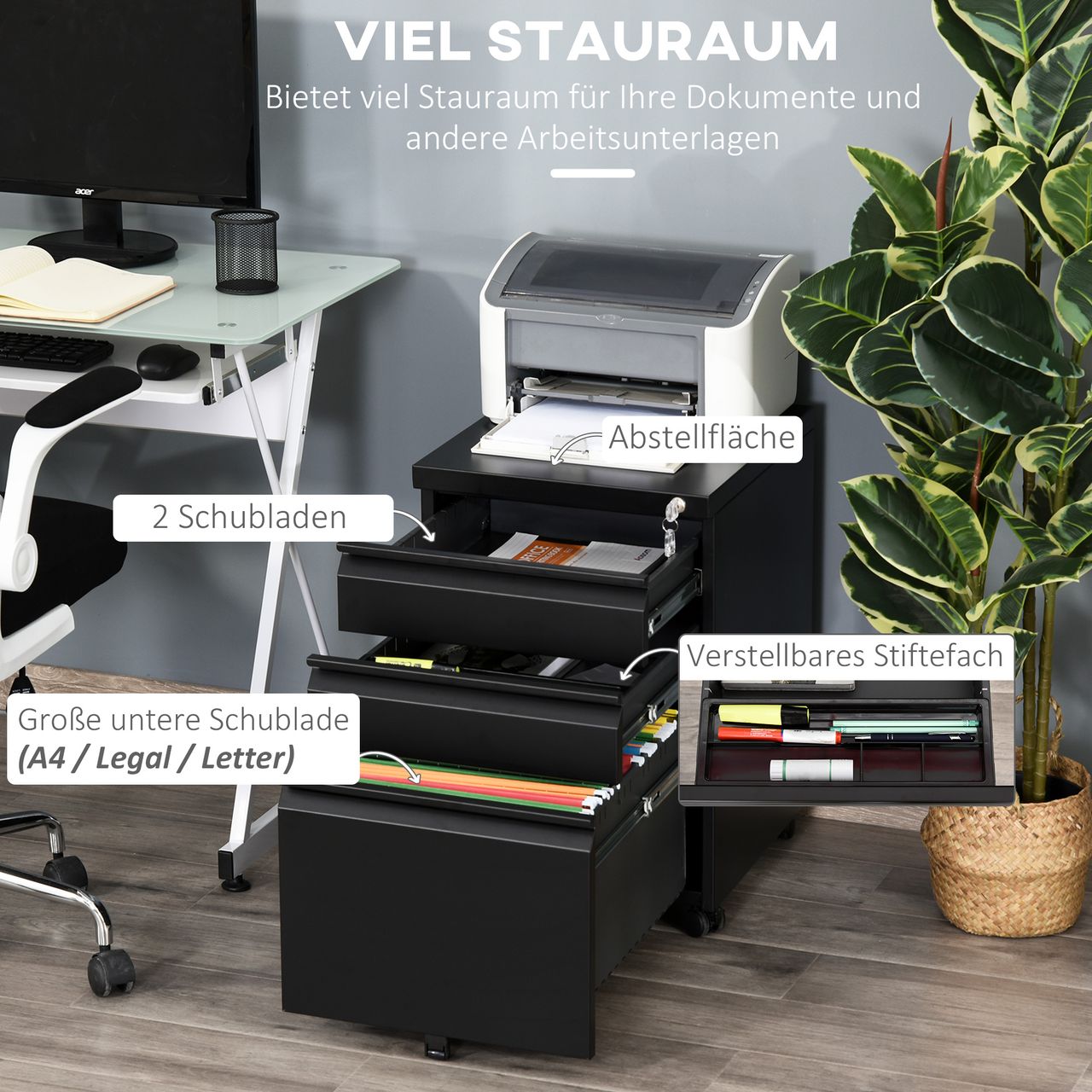 Vinsetto Rollcontainer Aktenschrank Büroschrank mit Schubladen Stahl Schwarz
