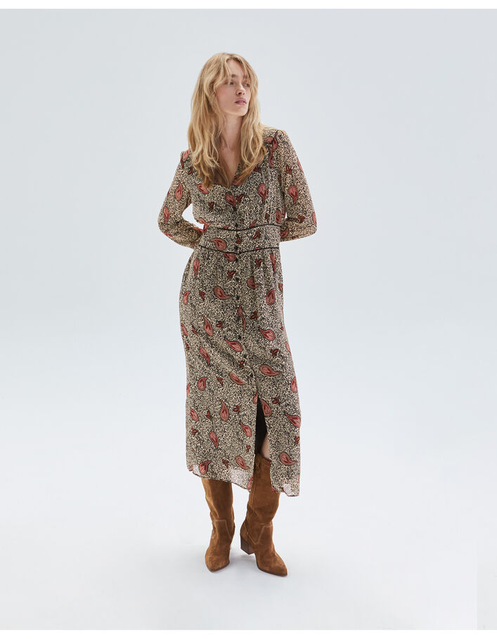 Robe longue écrue recyclée imprimé léo cachemire Femme