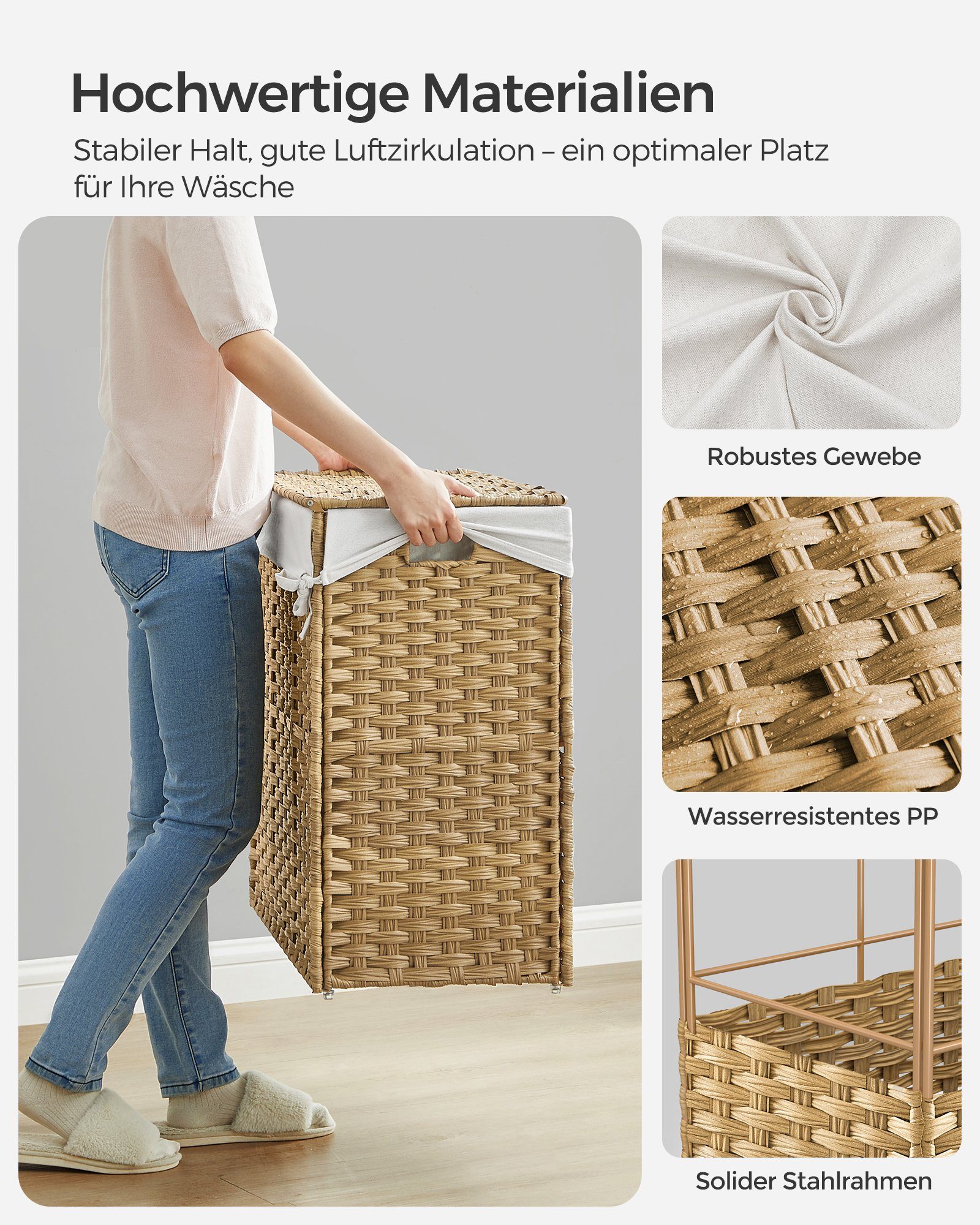 SONGMICS Wäschekorb, 140 L, mit 3 Fächern, herausnehmbare Tasche, Griffe