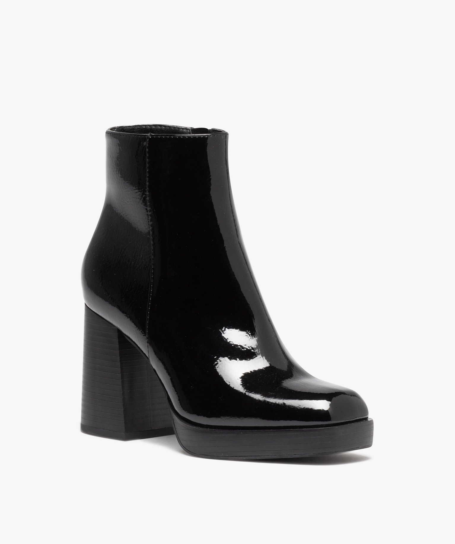 Boots femme vernies à talon haut avec bout carré noir | GEMO