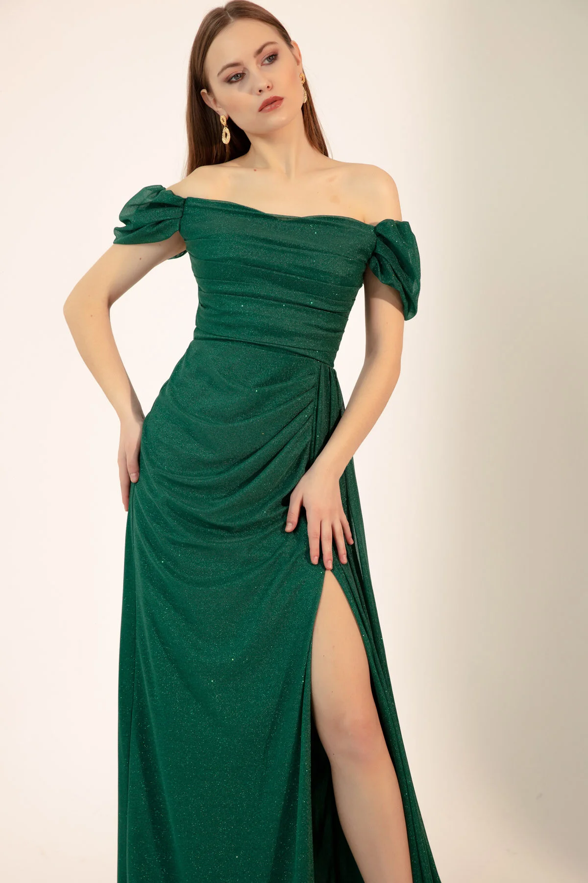 Lafaba  Smaragdgrünes, langes, silbernes Abendkleid mit U-Boot-Ausschnitt und Schlitz für Damen
