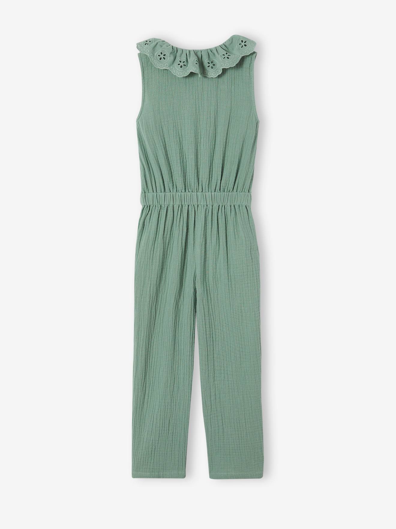 Vertbaudet Mädchen Jumpsuit aus Musselin, bestickter Kragen - salbeigrün