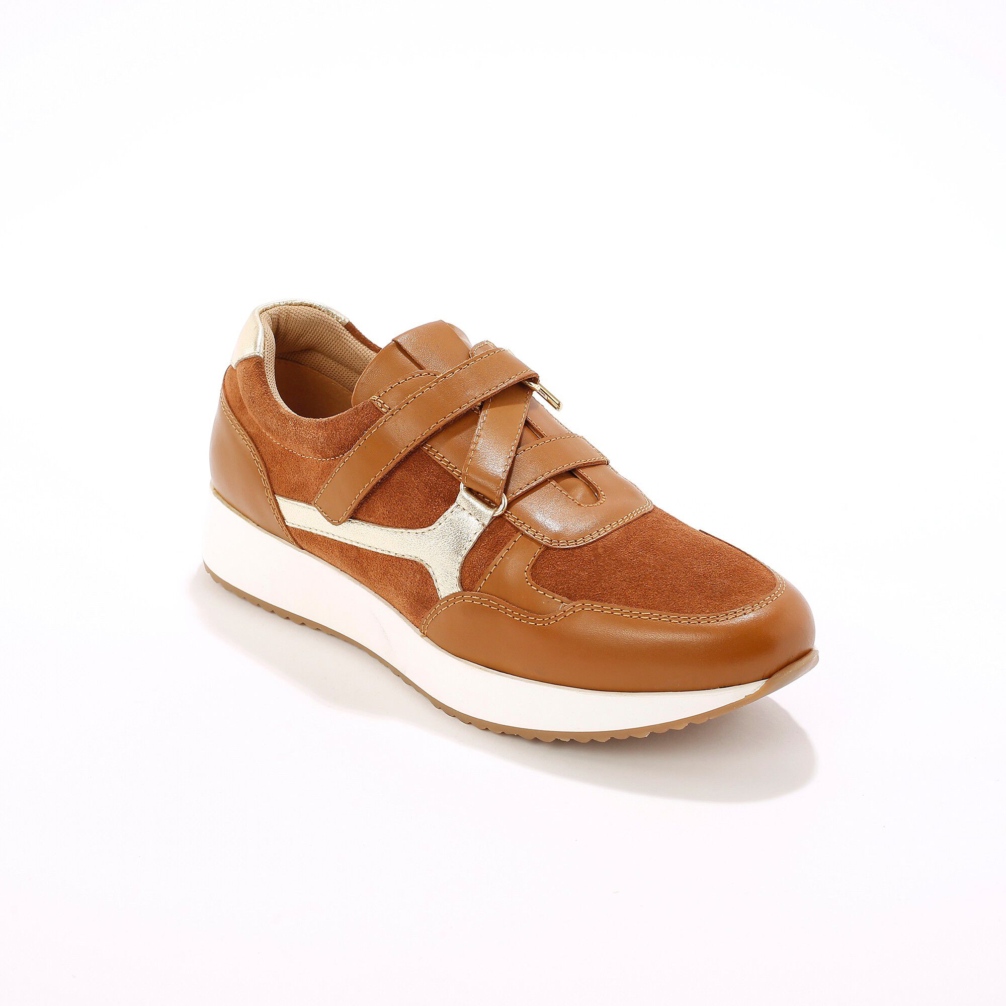 Baskets compensées zippées et scratchées en cuir