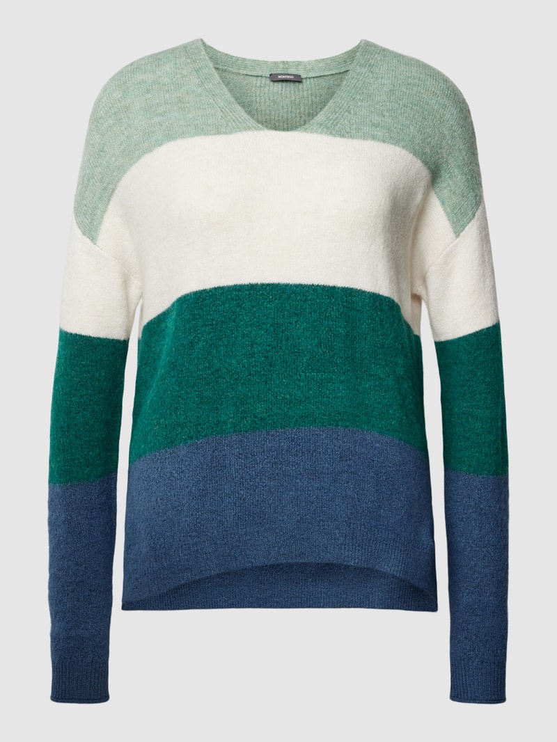 Strickpullover mit Blockstreifen in dunkelgrün meliert