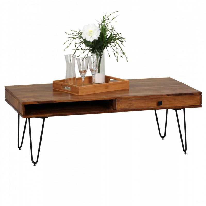 Wohnling Massivholz Sheesham Couchtisch 120 x 60 x 40 CM mit 2 Schubläden