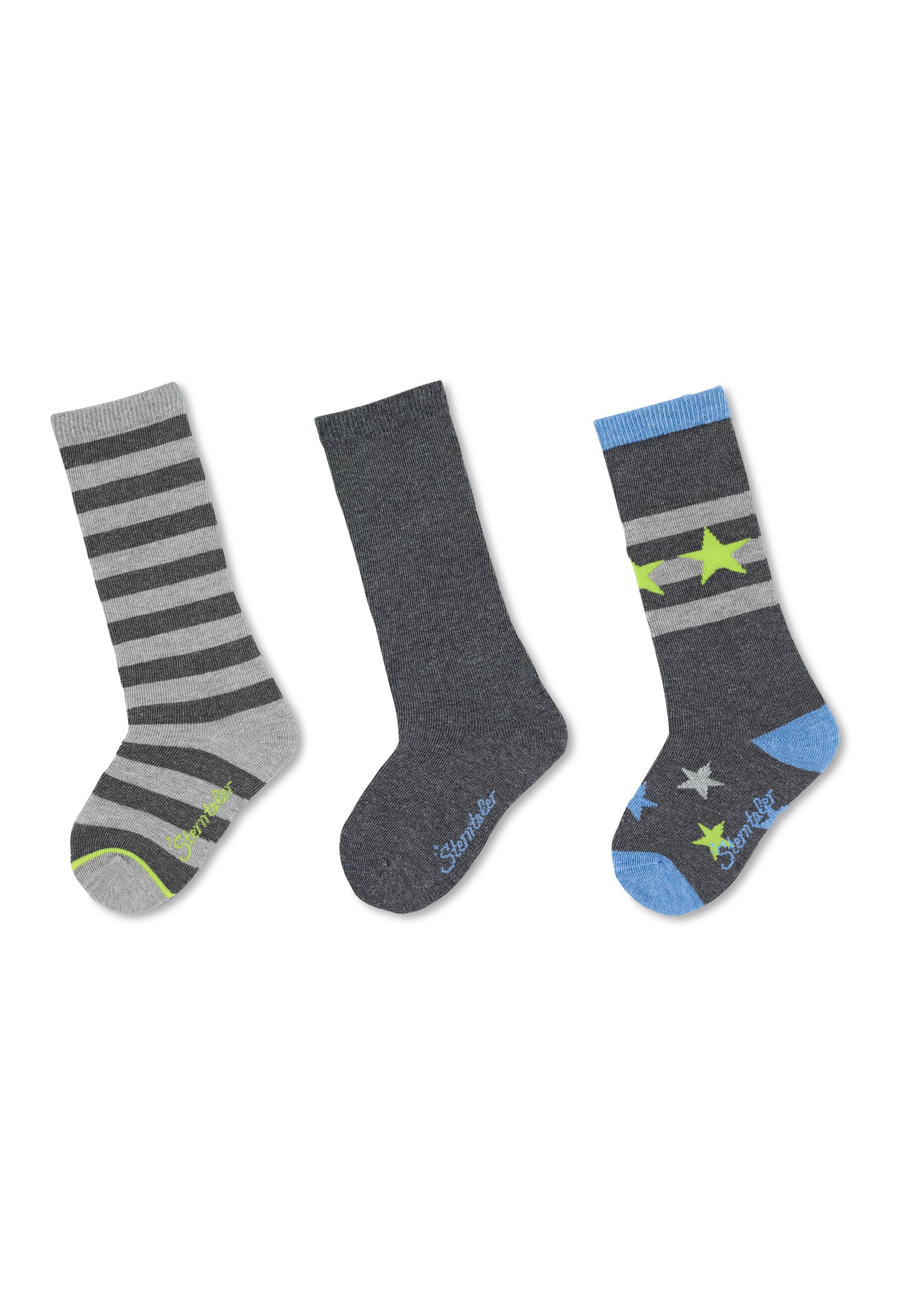 Kniestrümpfe 3er-Pack Ringel, uni, Sterne