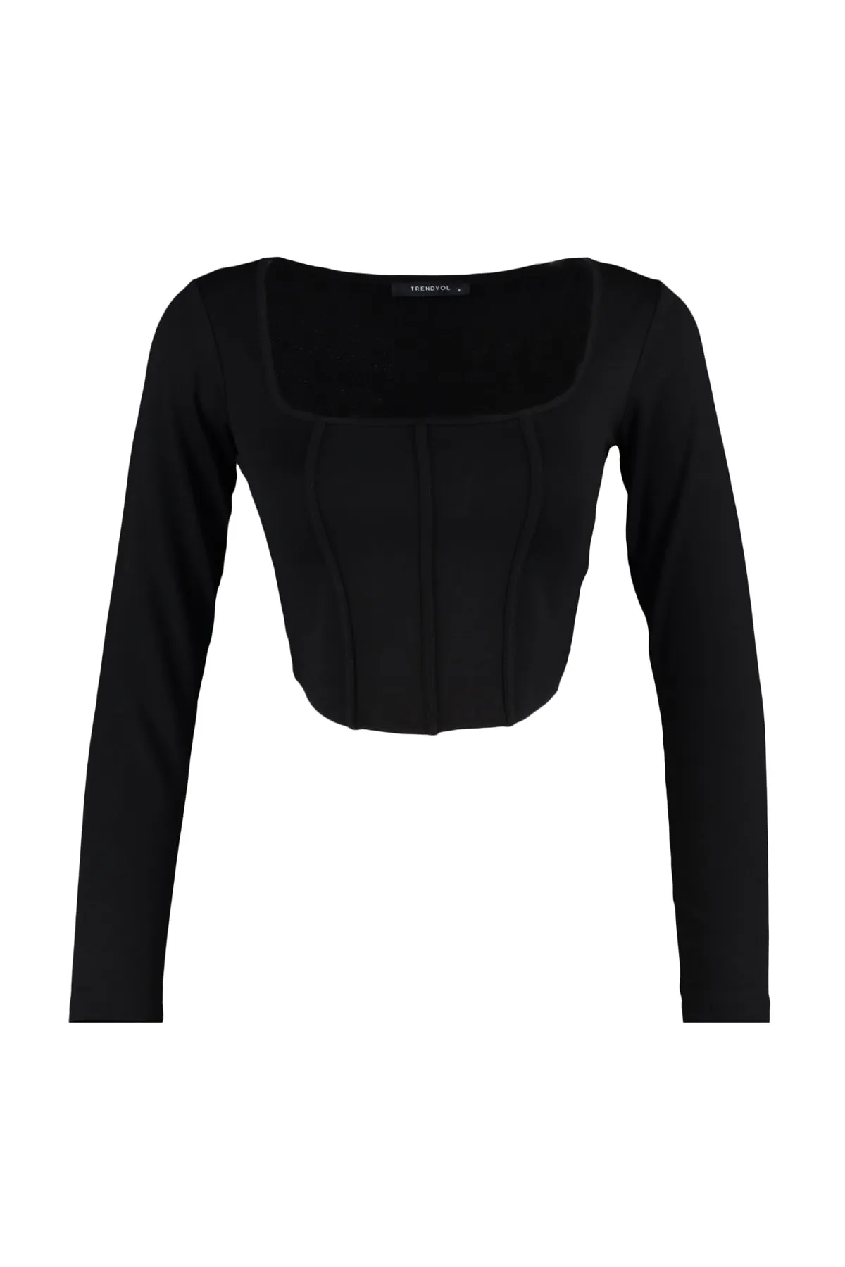 Trendyol Collection  Schwarze Paspelierung, detaillierte, eng anliegende Interlock-Strickbluse mit quadratischem Ausschnitt TWOAW23BZ00151