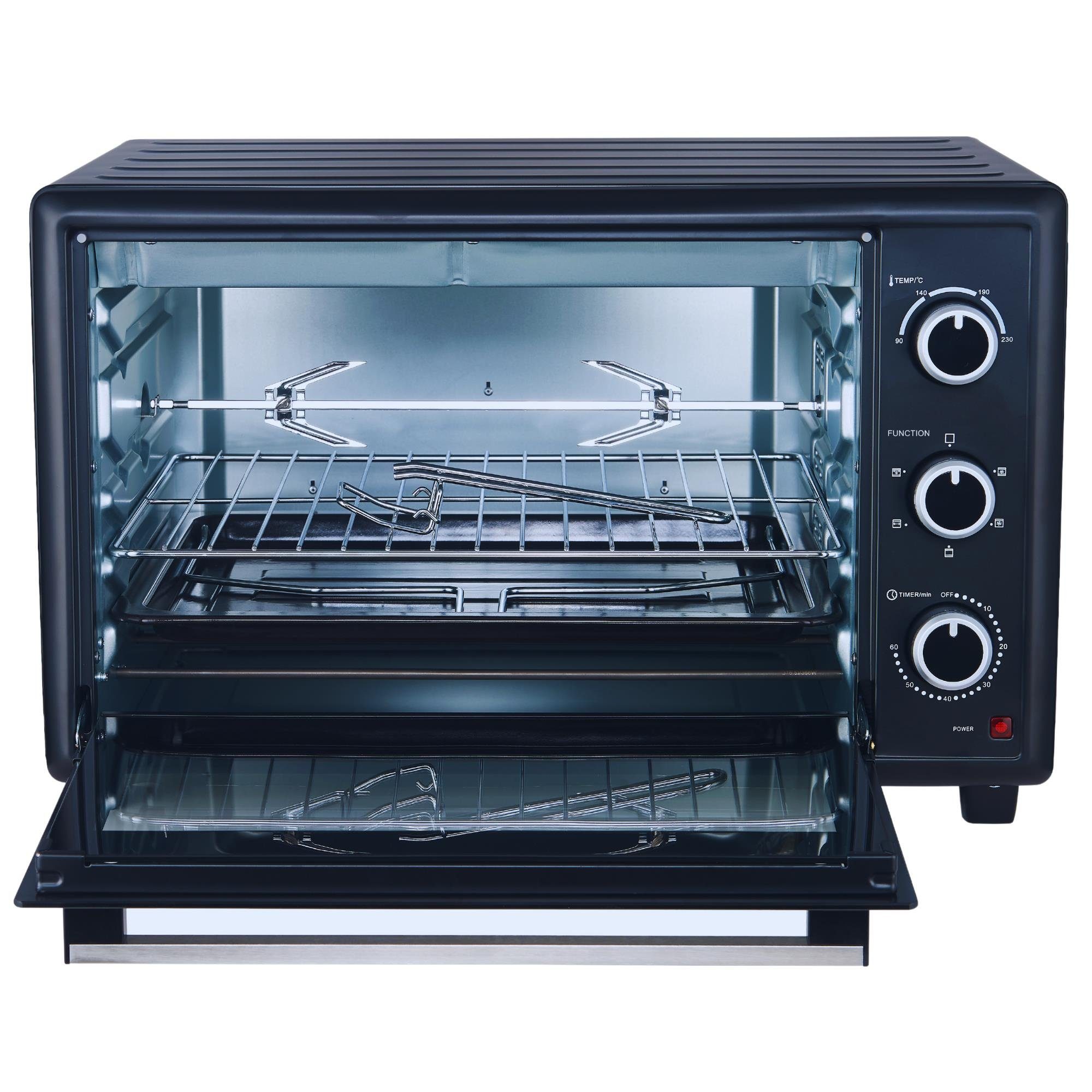 optimumX Minibackofen 60 Liter XXL mit Umluft, 2200W, Backblech und Gitter-Set, 5 Kochfunktionen, 60 min, Doppelverglassung, 90-230°C