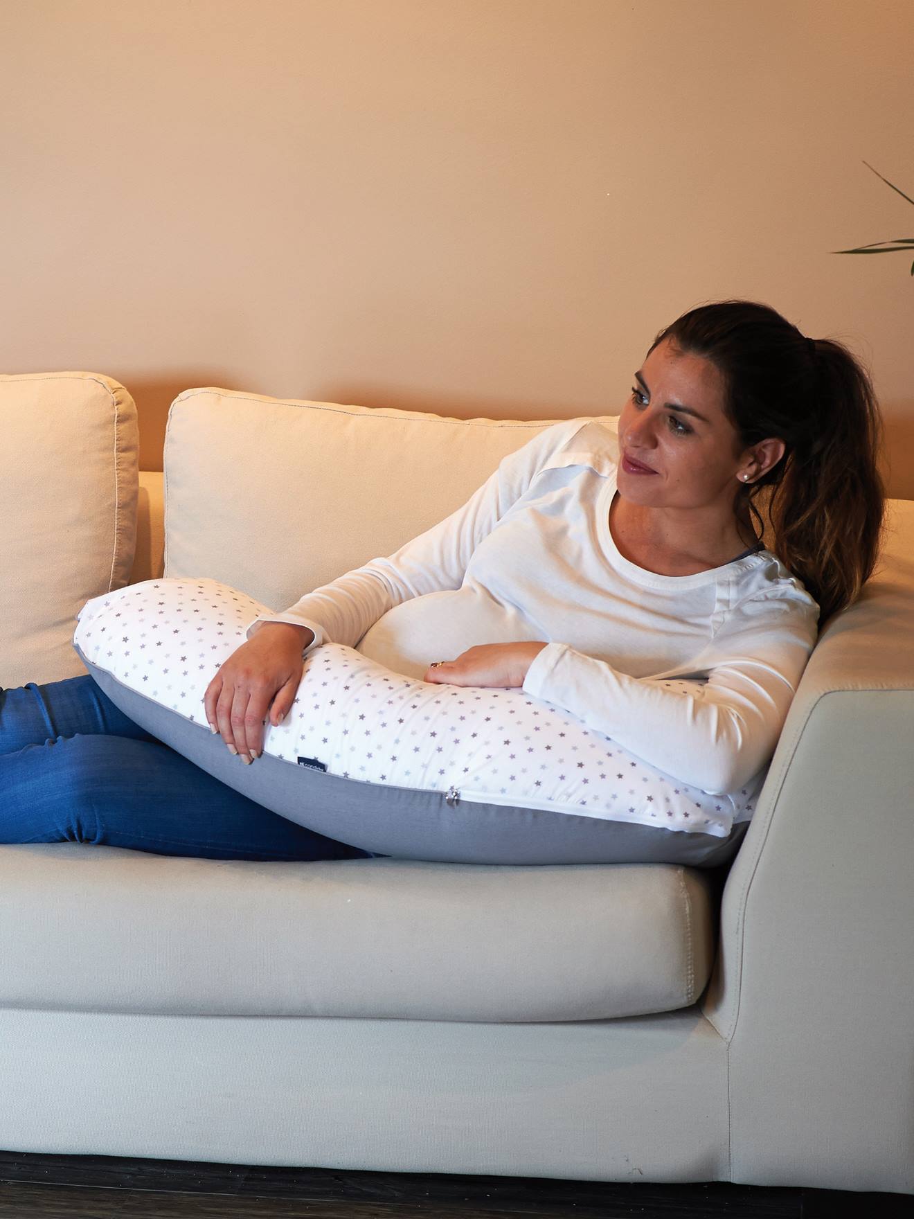 Coussin de maternité et d'allaitement évolutif CANDIDE Multirelax+ gris/imprimé étoiles