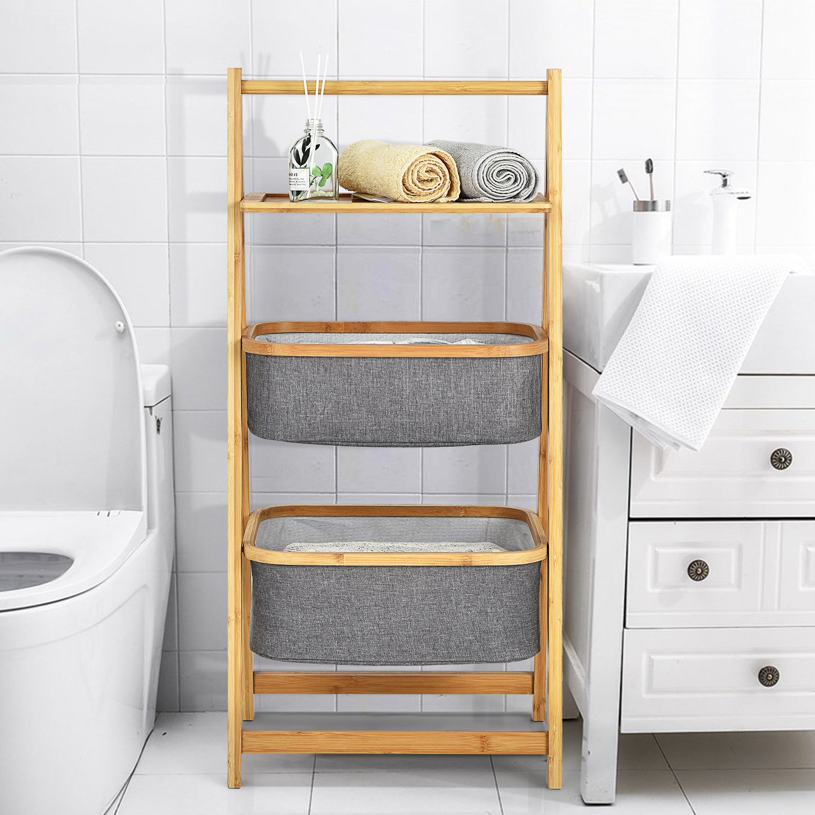 COSTWAY Leiterregal, Bambus, A-förmig, mit 2 Wäschekorb & Ablage, 44x34x98cm