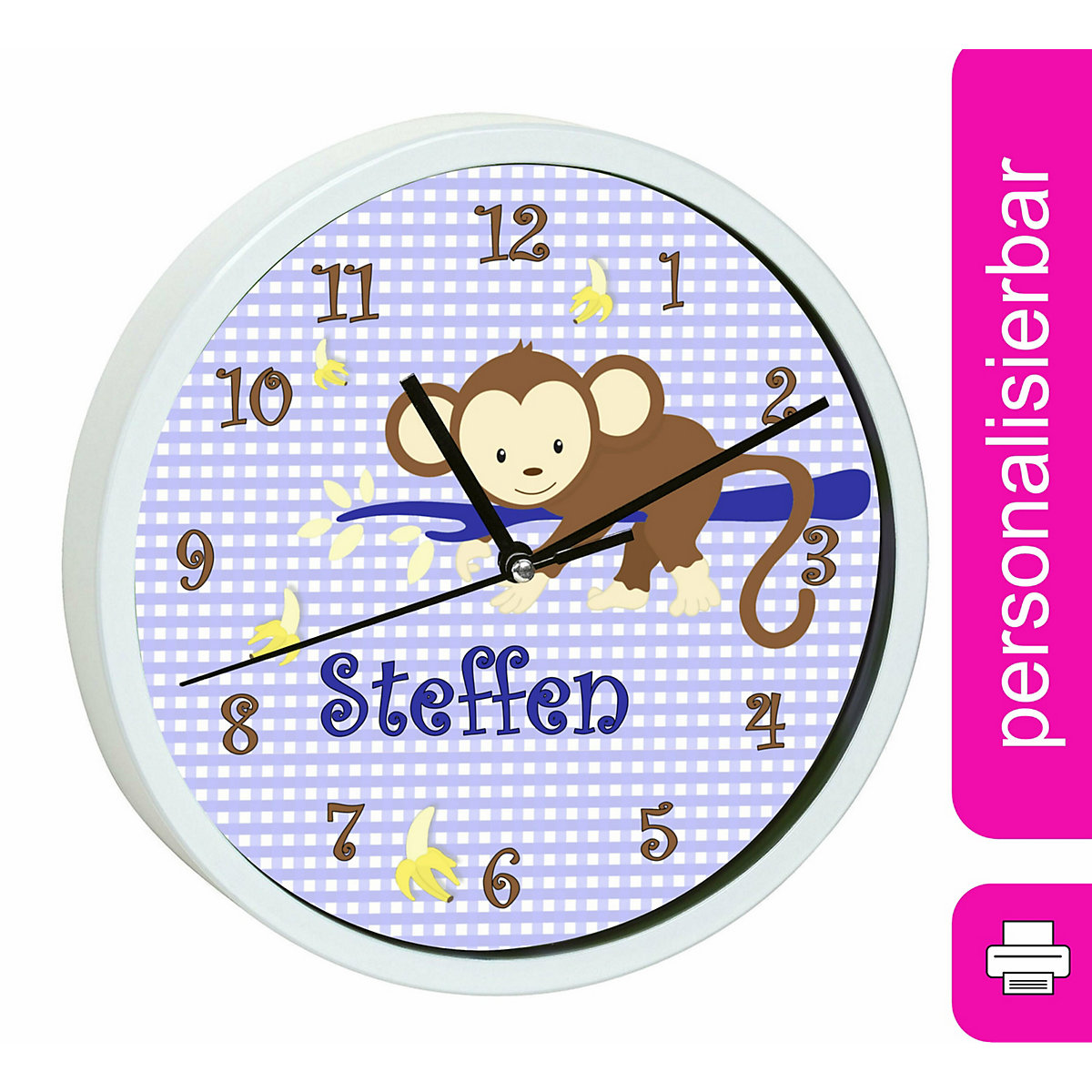Kinder Wanduhr personalisiert mit Name Affe hängend Blau