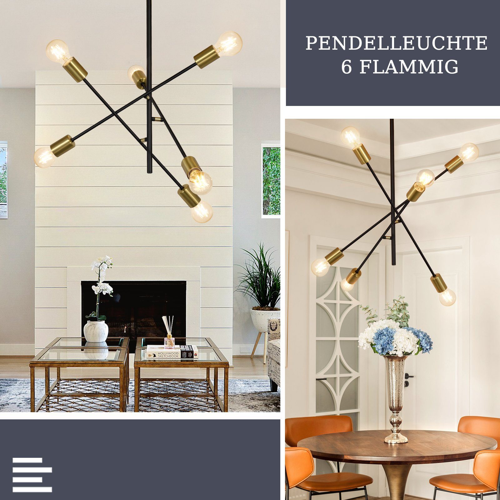 Nettlife Pendelleuchte Schwarz Esstisch mit 4/6 Flammig Hängelampe Vintage Hängeleuchte, Flexibler Lampenmast, ohne Leuchtmittel, für Wohnzimmer Esszimmer Schlafzimmer, 6 Flammig, E27