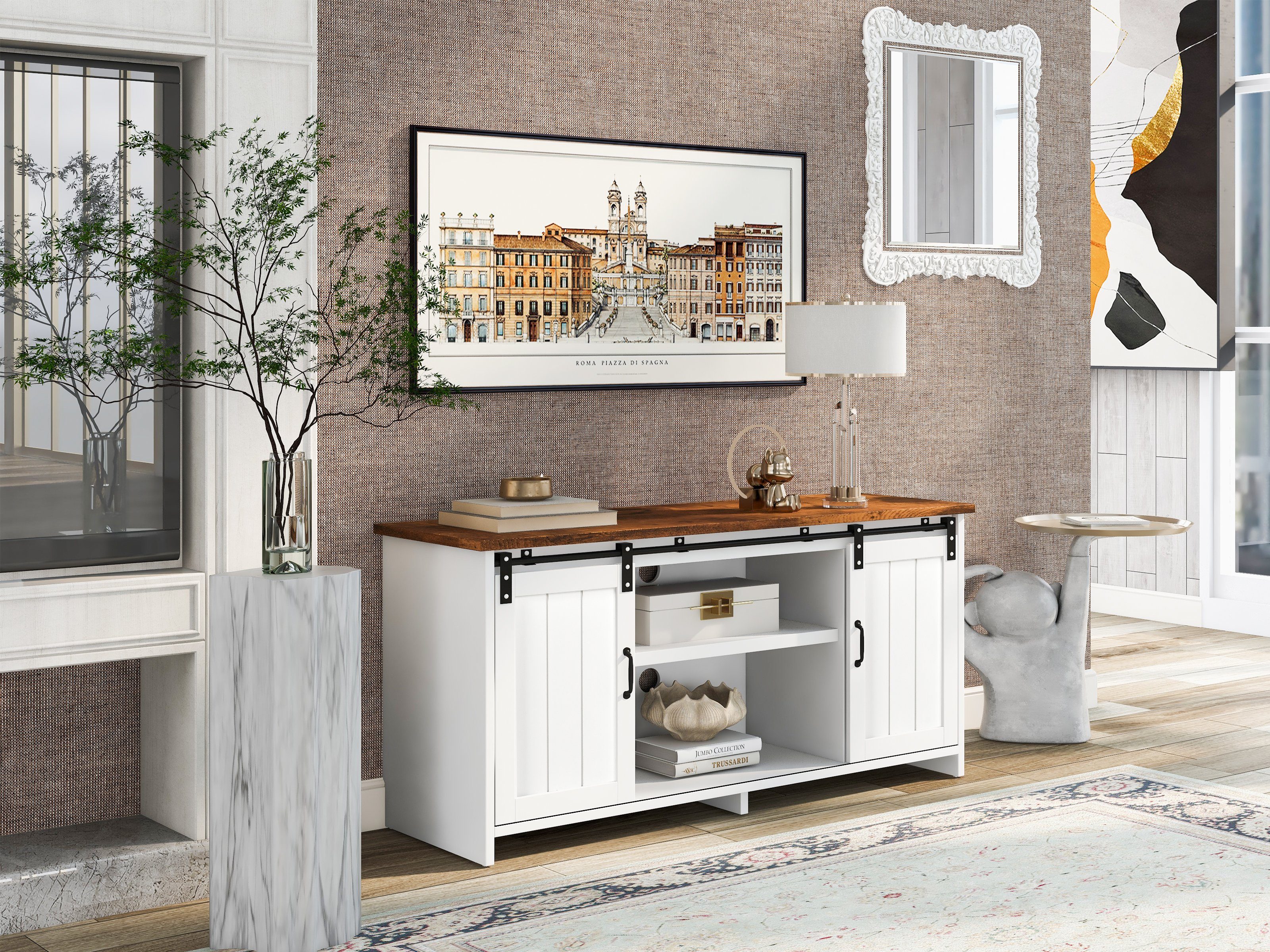 OKWISH TV-Schrank Kommode Fernsehschrank Sideboard (Aufbewahrungsschrank, Beistellschrank, mit 2 Schiebetüren, verstellbare Ablage) Ffenen Regalfächern, Wohnzimmer, Esszimmer, Flur, Industrie-Design