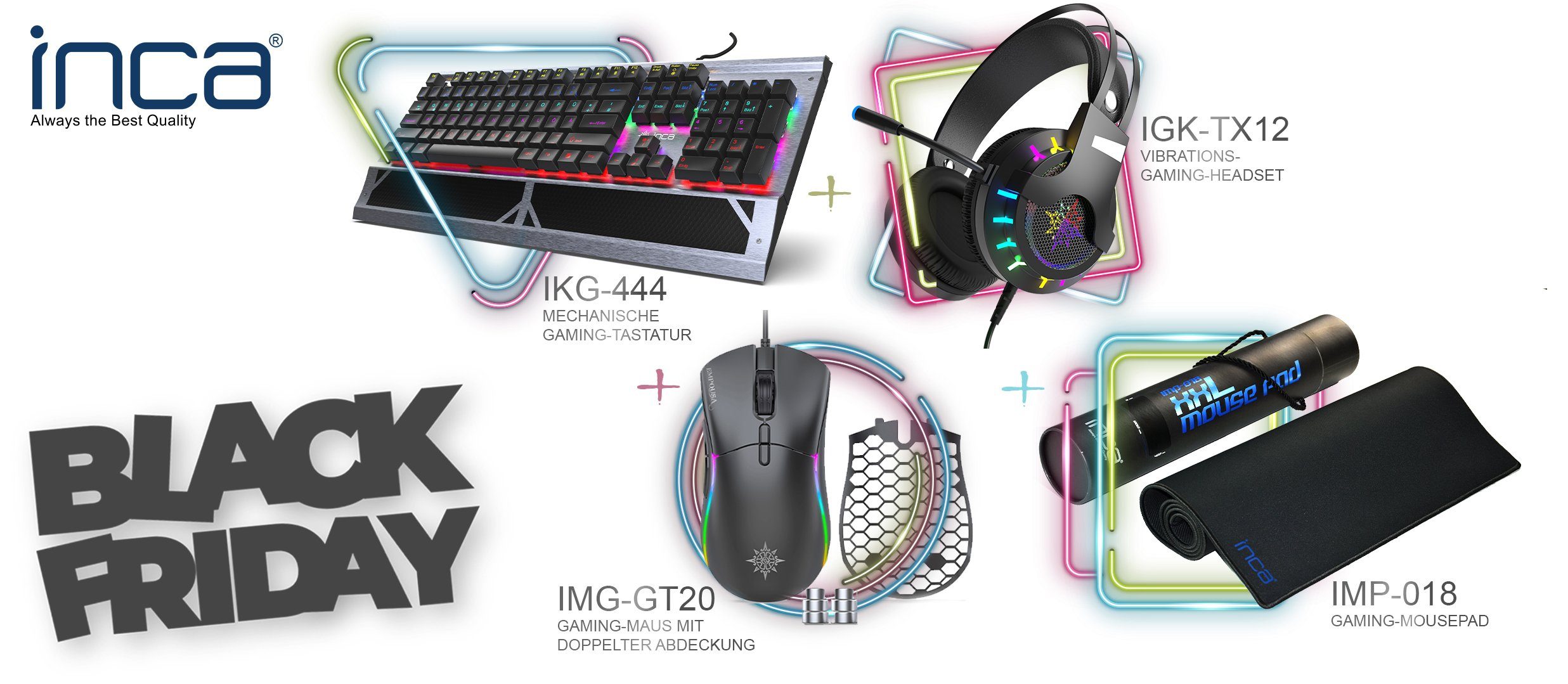 INCA Gaming Set 4in1 RGB Gaming-Tastatur Gaming-Maus, Mauspad und Headset Gaming-Headset