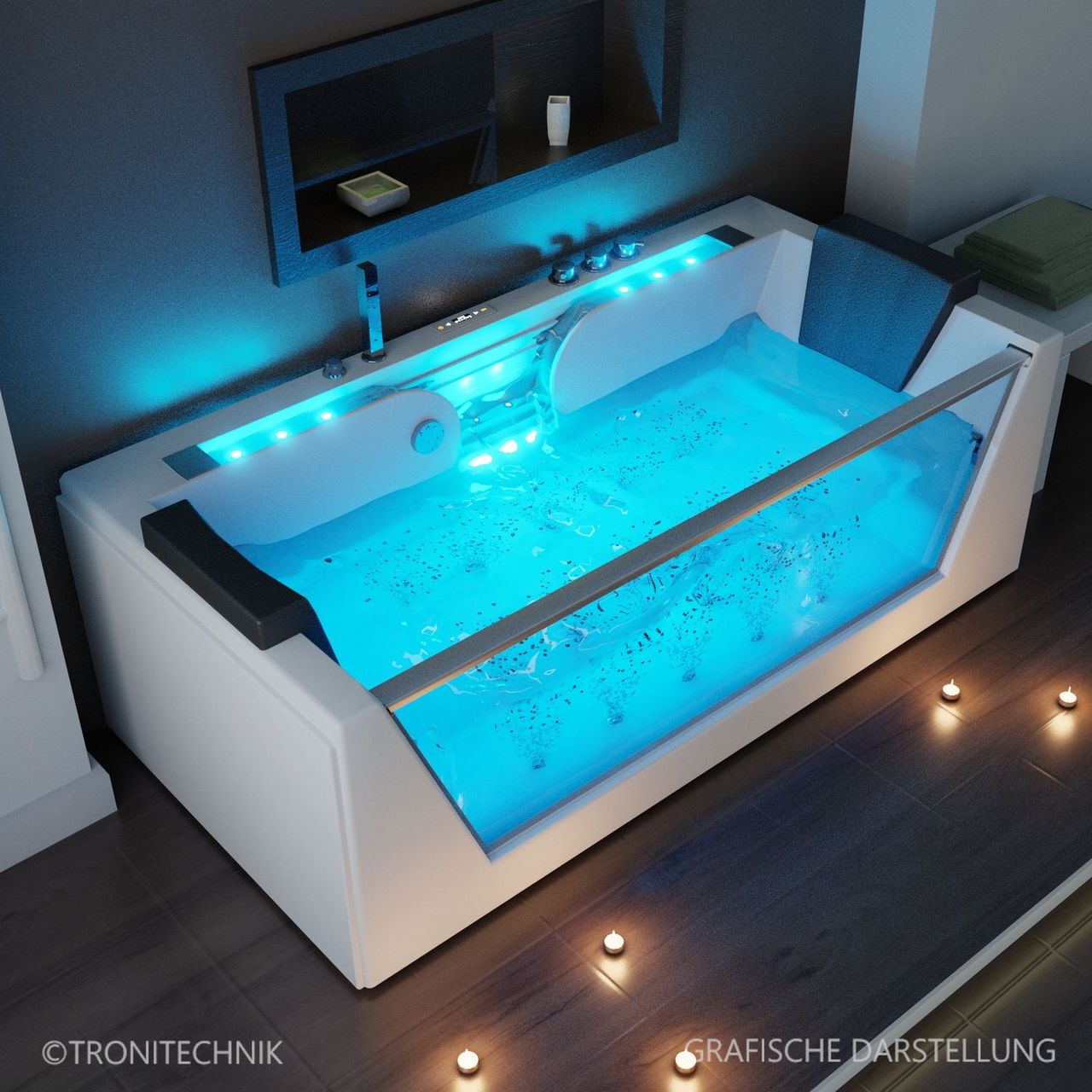 TroniTechnik Whirlpool Badewanne KOS 2 179cm x 85cm Heizung, Hydromassage, mit Bachlauf, Sanitäracryl